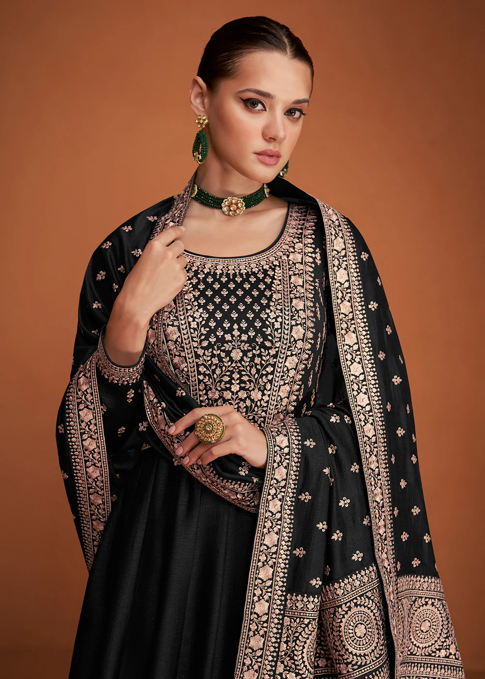 Astonishing Black Silk Embroidered Party Wear Anarkali - Image 2