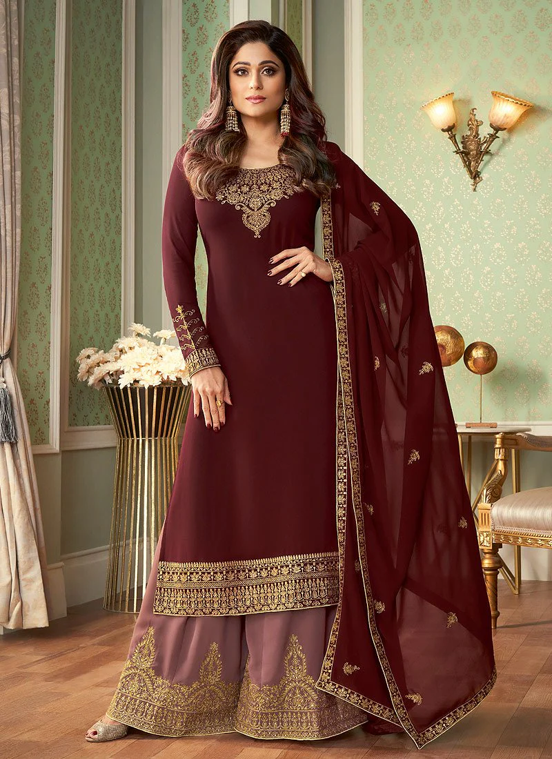 Astonishing Maroon Shamita Shetty Georgette Palazzo Suit - Image 3