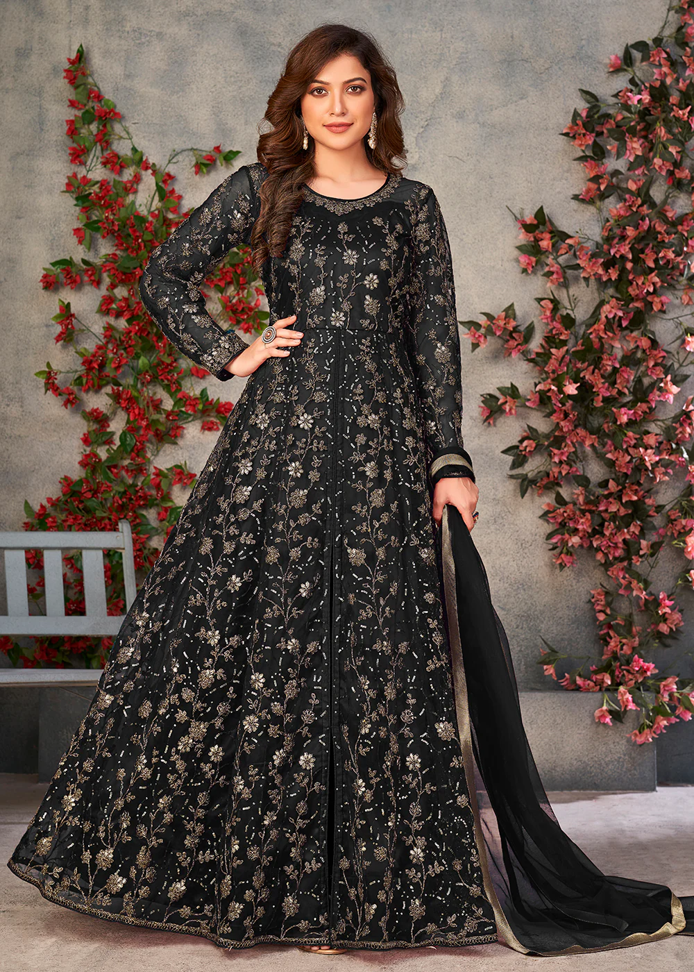Astounding Black Wedding Function Pant Style Anarkali Suit