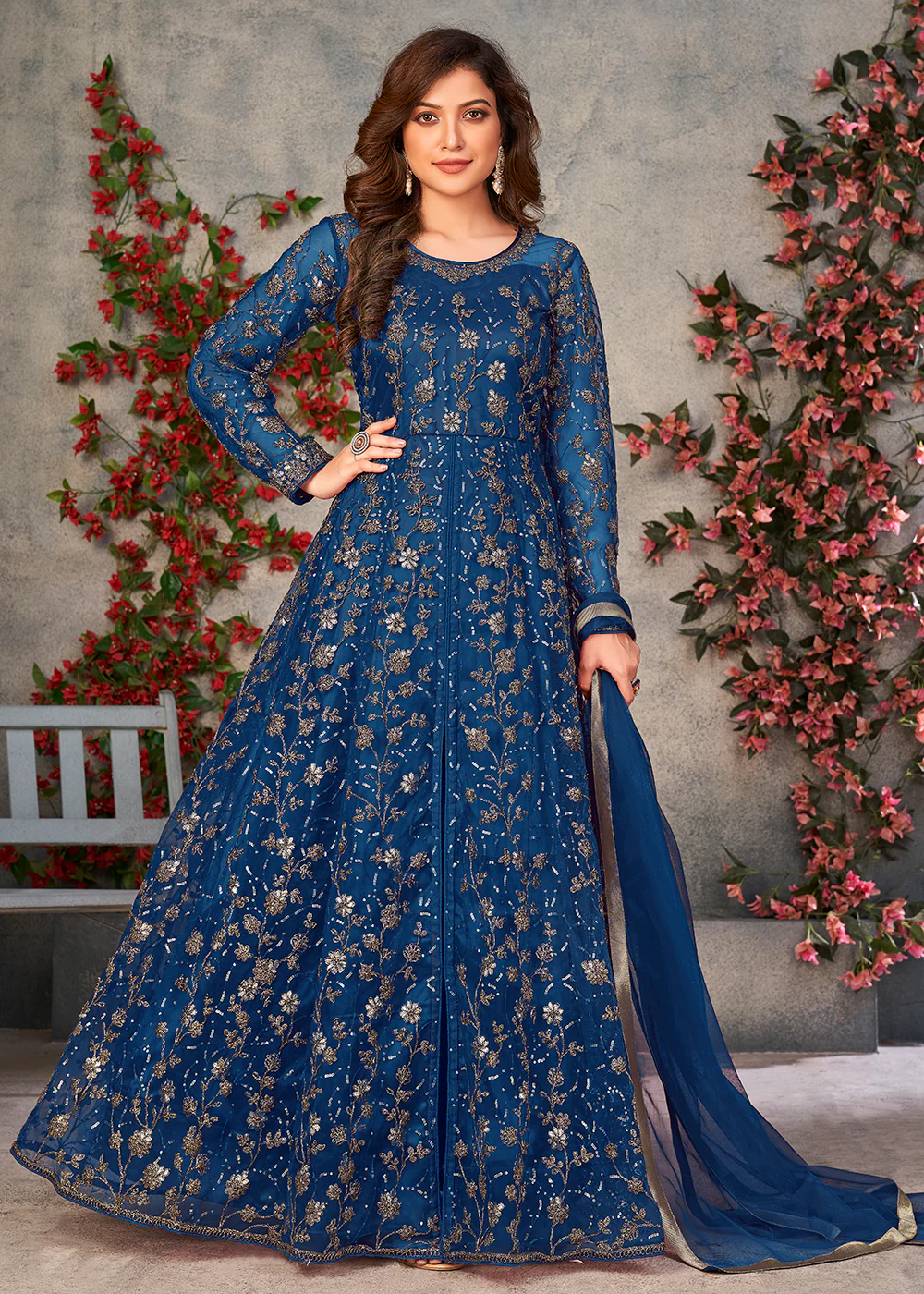 Astounding Blue Wedding Function Pant Style Anarkali Suit