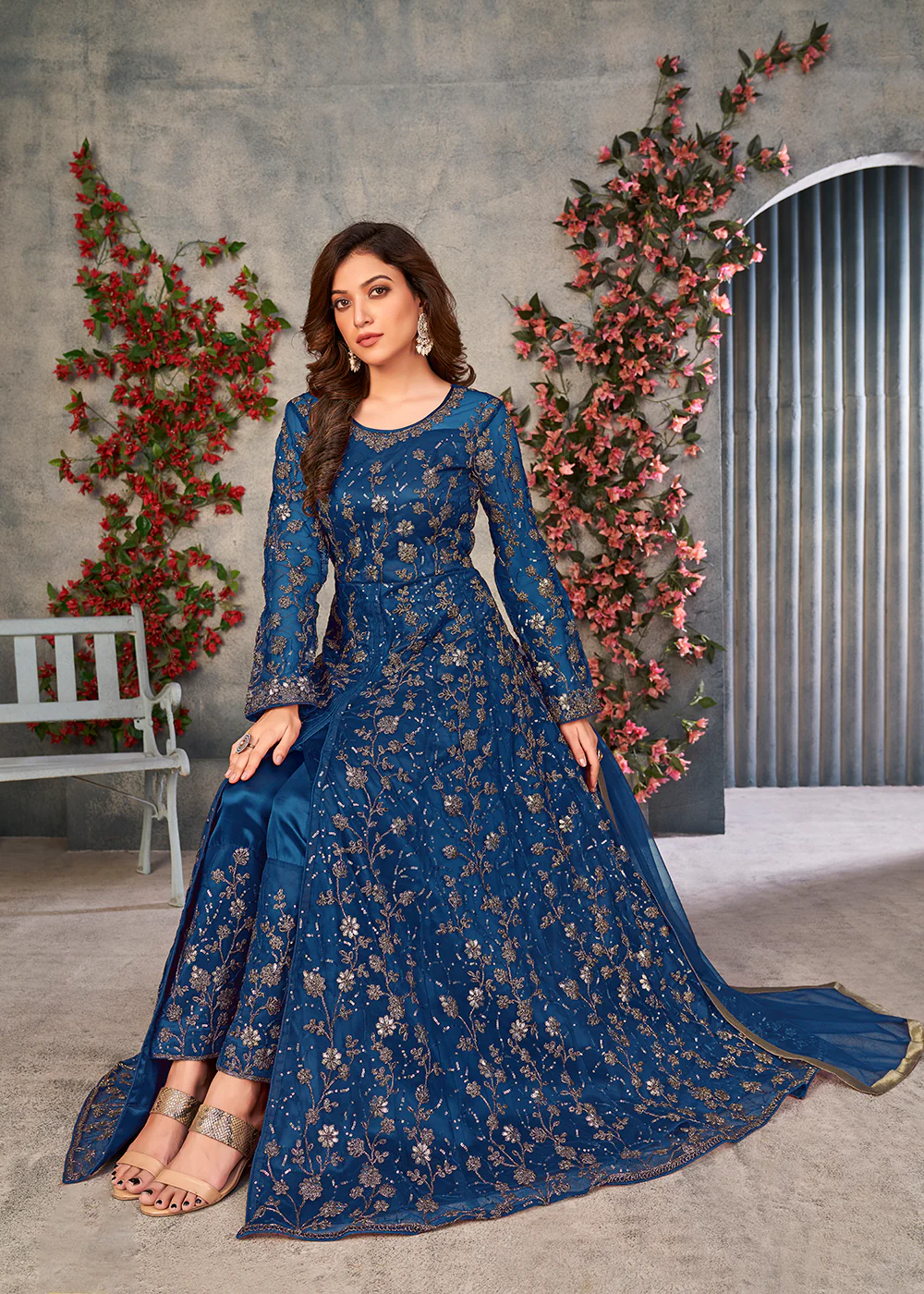 Astounding Blue Wedding Function Pant Style Anarkali Suit - Image 4