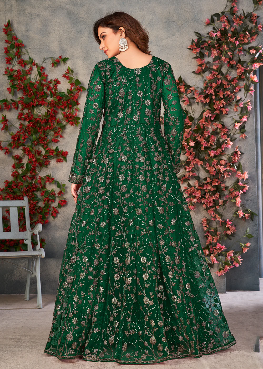 Astounding Dark Green Wedding Function Pant Style Anarkali Suit - Image 3