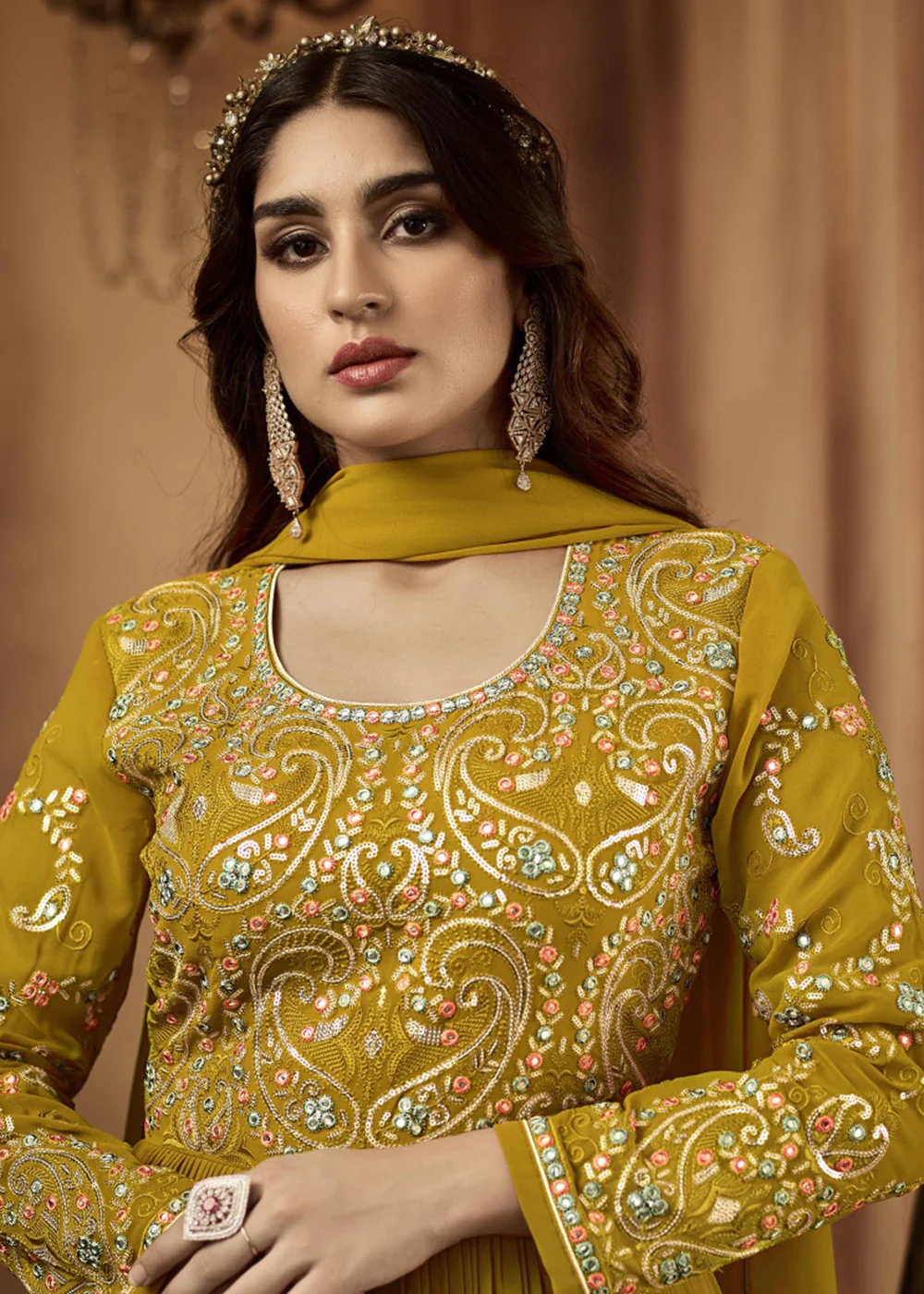 Astounding Mustard Yellow Sequins Wedding Festive Anarkali Suit - Image 2