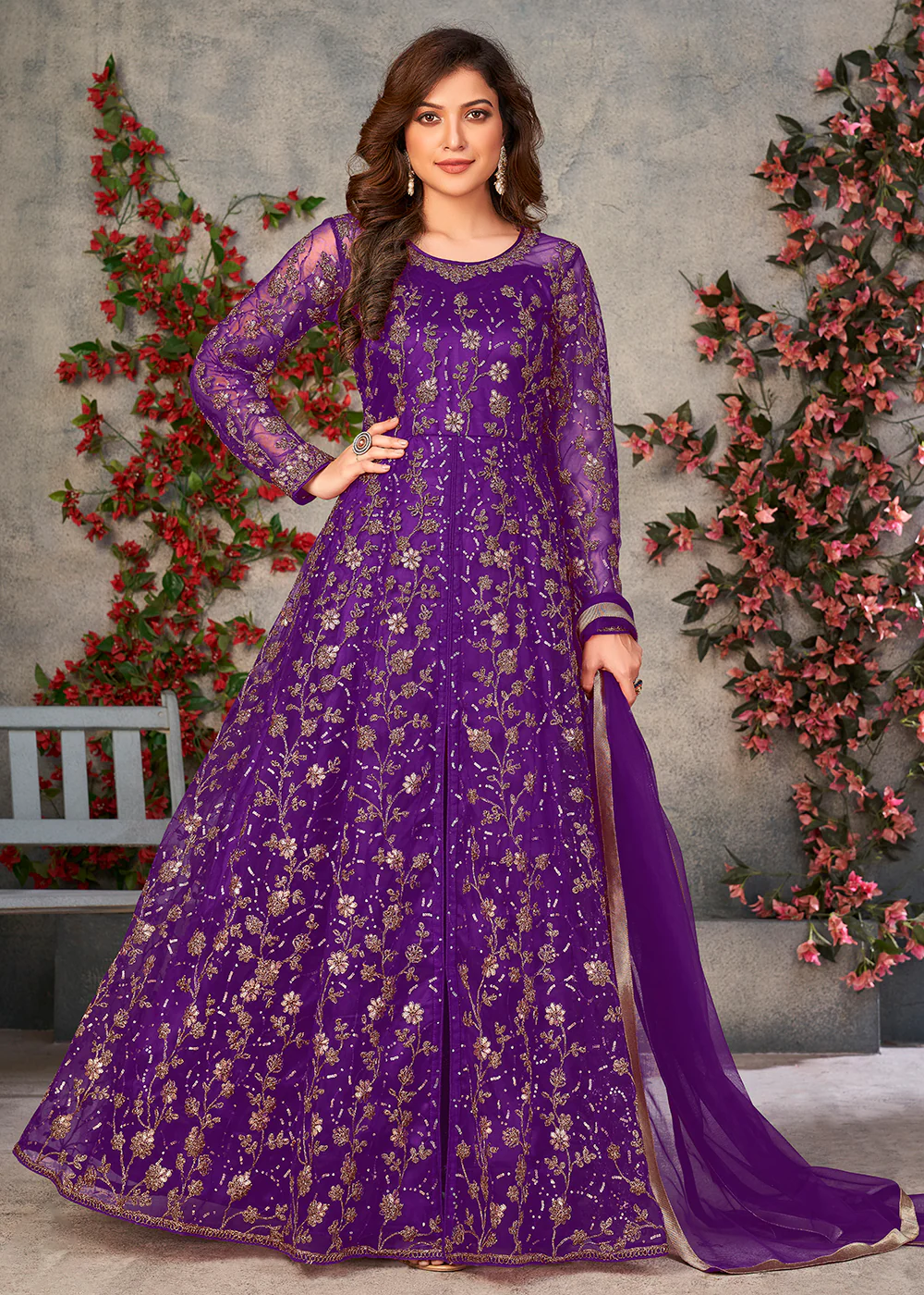 Astounding Purple Wedding Function Pant Style Anarkali Suit