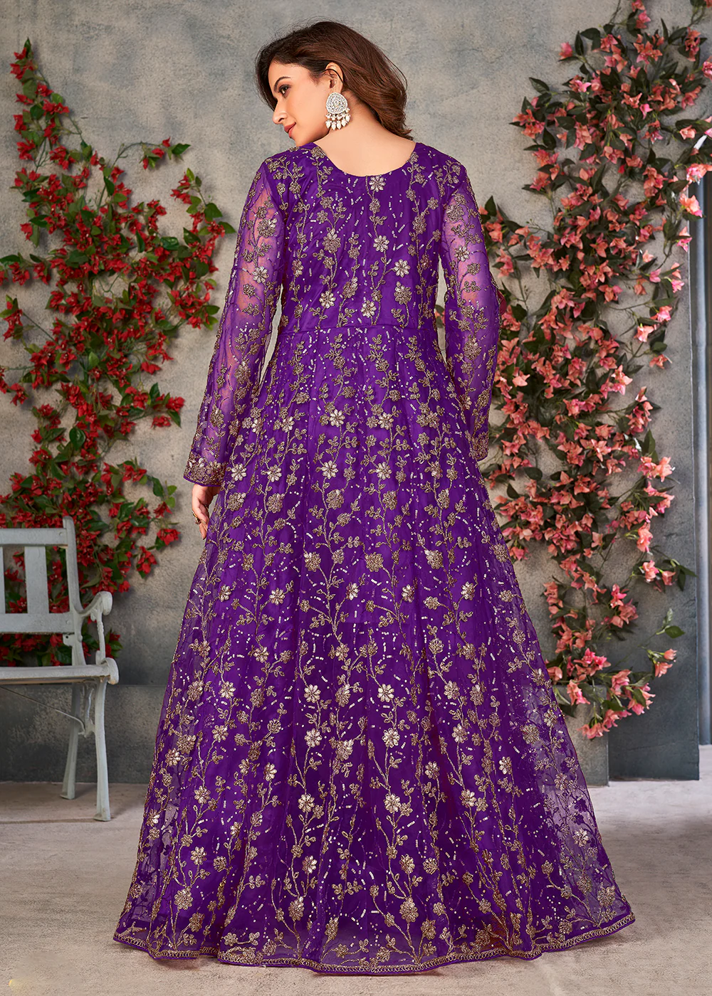 Astounding Purple Wedding Function Pant Style Anarkali Suit - Image 3