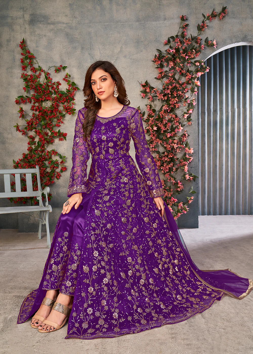 Astounding Purple Wedding Function Pant Style Anarkali Suit - Image 4