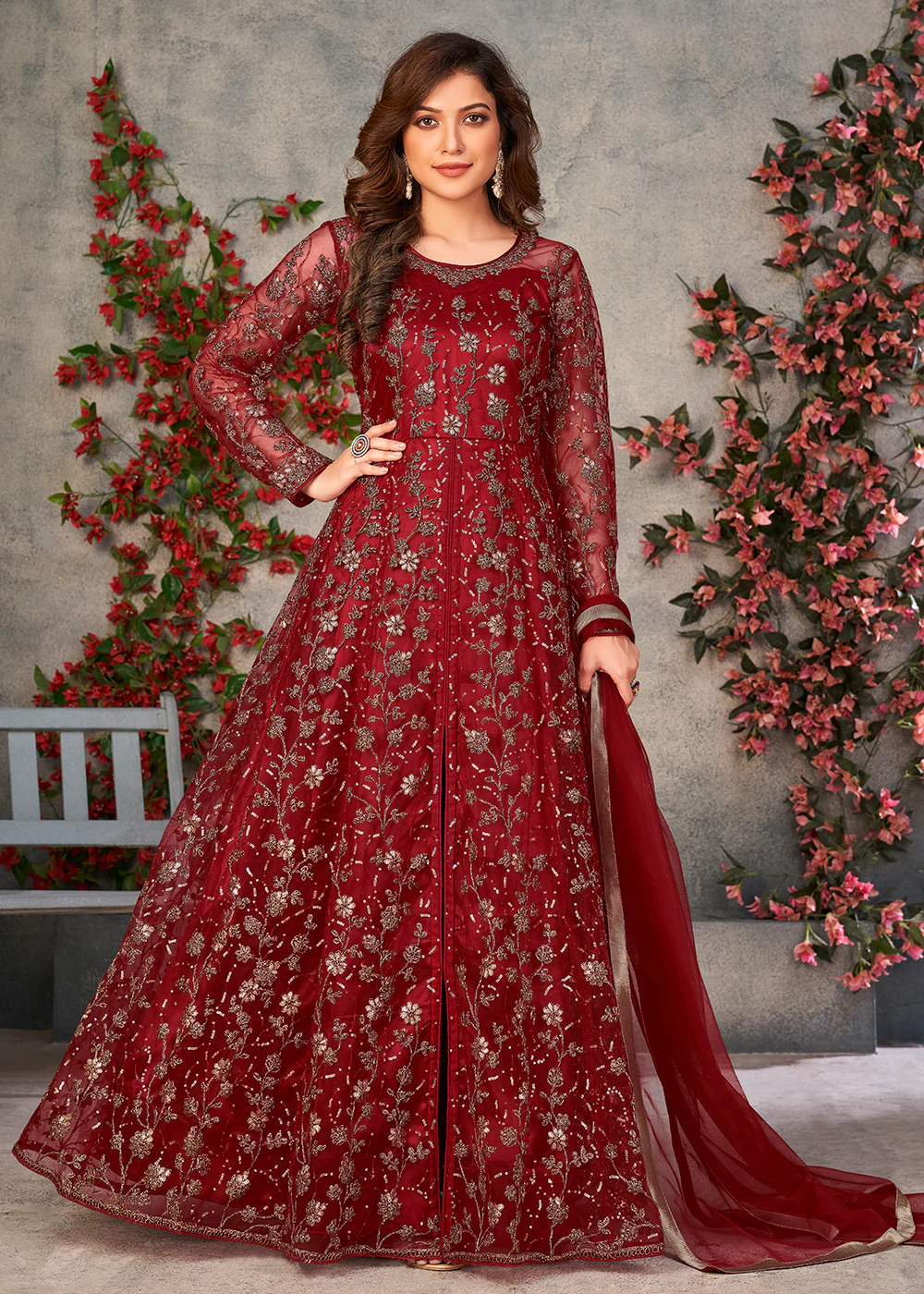Astounding Red Wedding Function Pant Style Anarkali Suit
