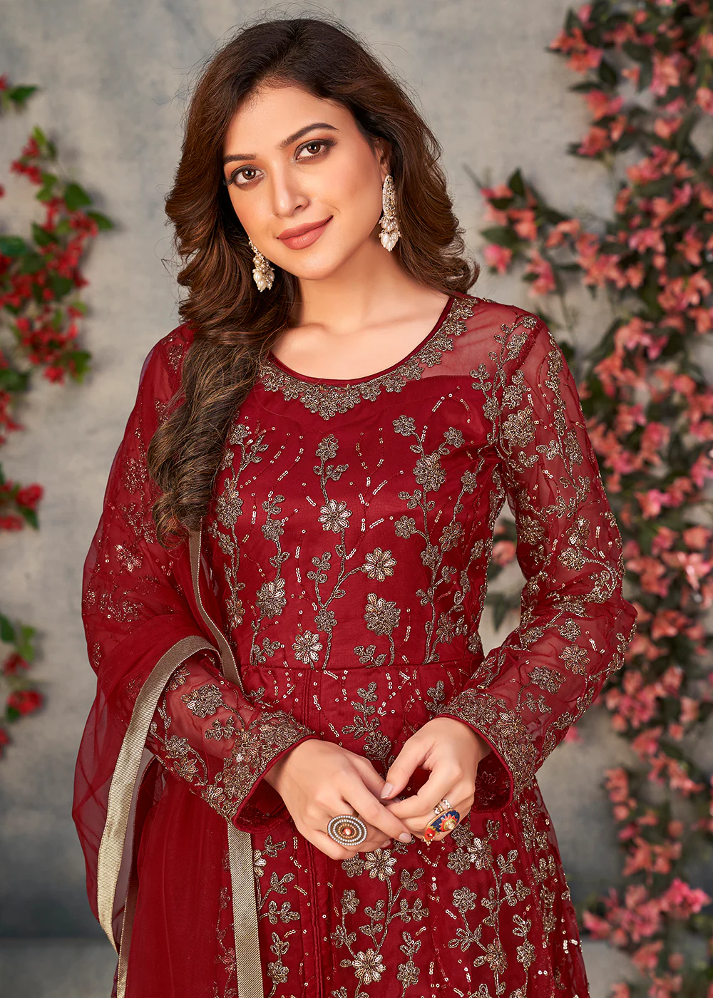Astounding Red Wedding Function Pant Style Anarkali Suit - Image 2