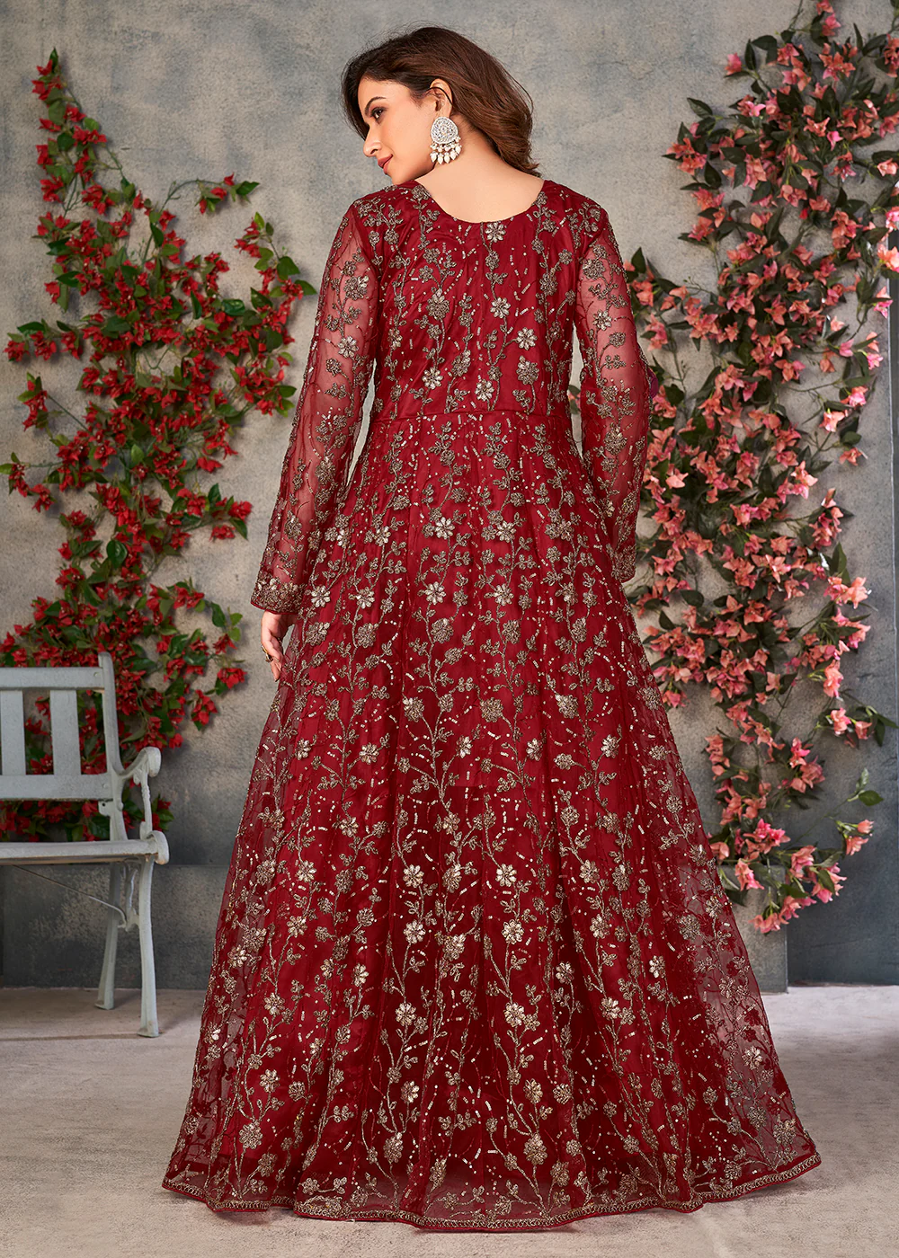 Astounding Red Wedding Function Pant Style Anarkali Suit - Image 3