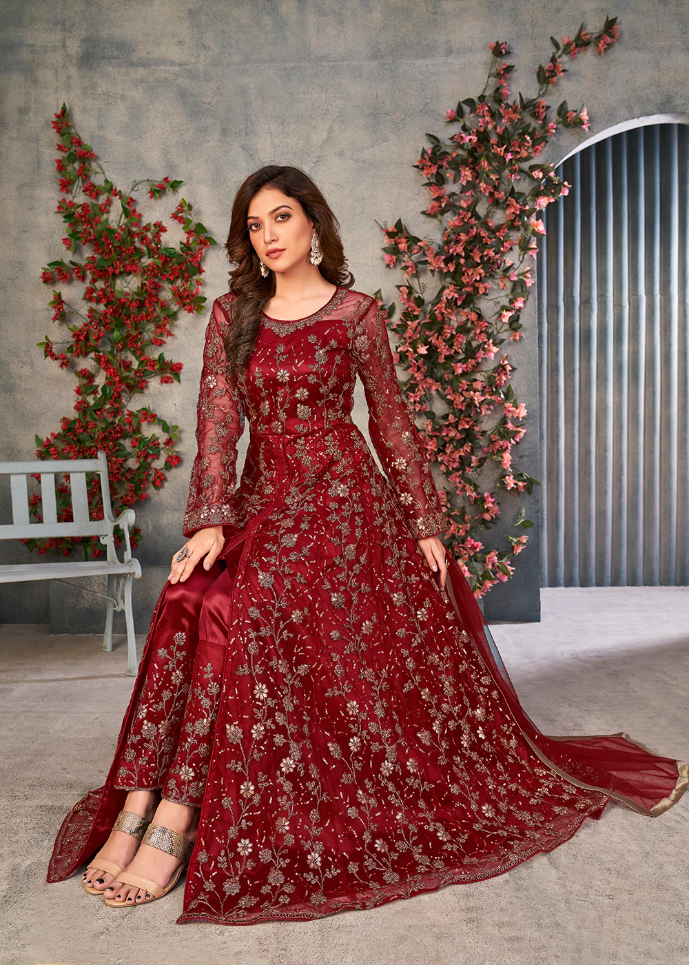 Astounding Red Wedding Function Pant Style Anarkali Suit - Image 4