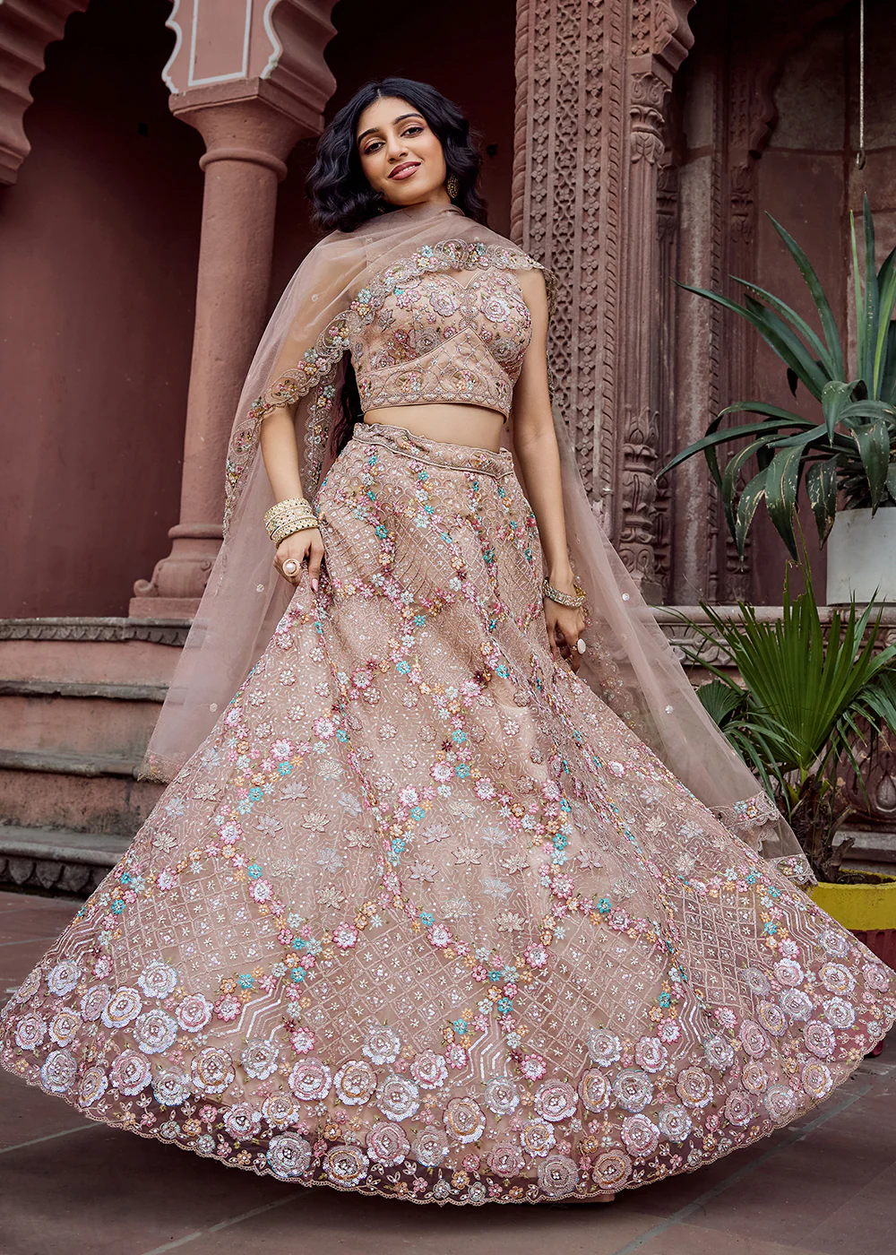 Attractive Beige All Over Embroidered Wedding Lehenga Choli - Image 4