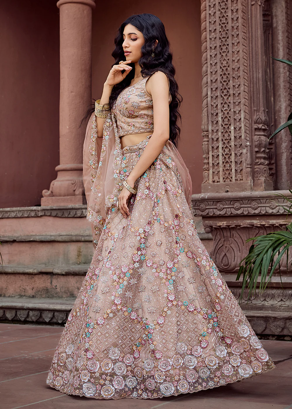 Attractive Beige All Over Embroidered Wedding Lehenga Choli - Image 5