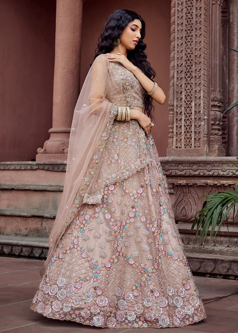 Attractive Beige All Over Embroidered Wedding Lehenga Choli - Image 6