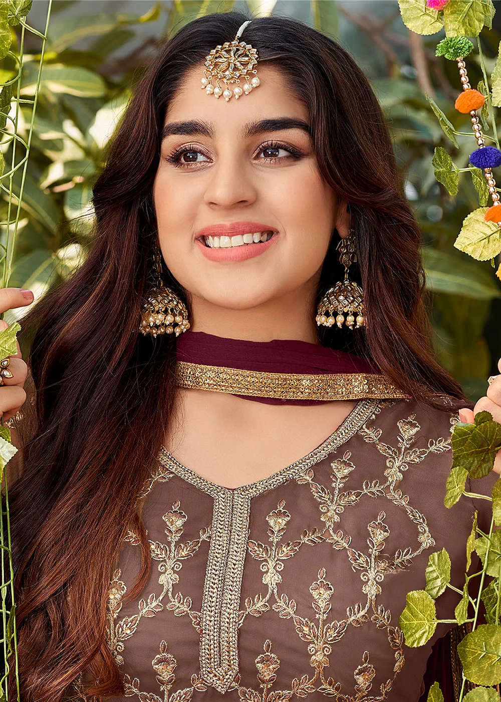 Attractive Beige Georgette Embroidered Wedding Festive Salwar Suit - Image 2