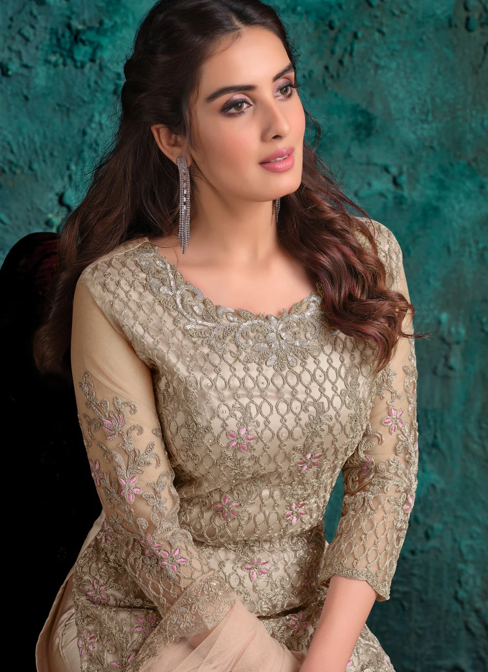 Attractive Beige Net Designer Fancy Pakistani Style Suit - Image 2