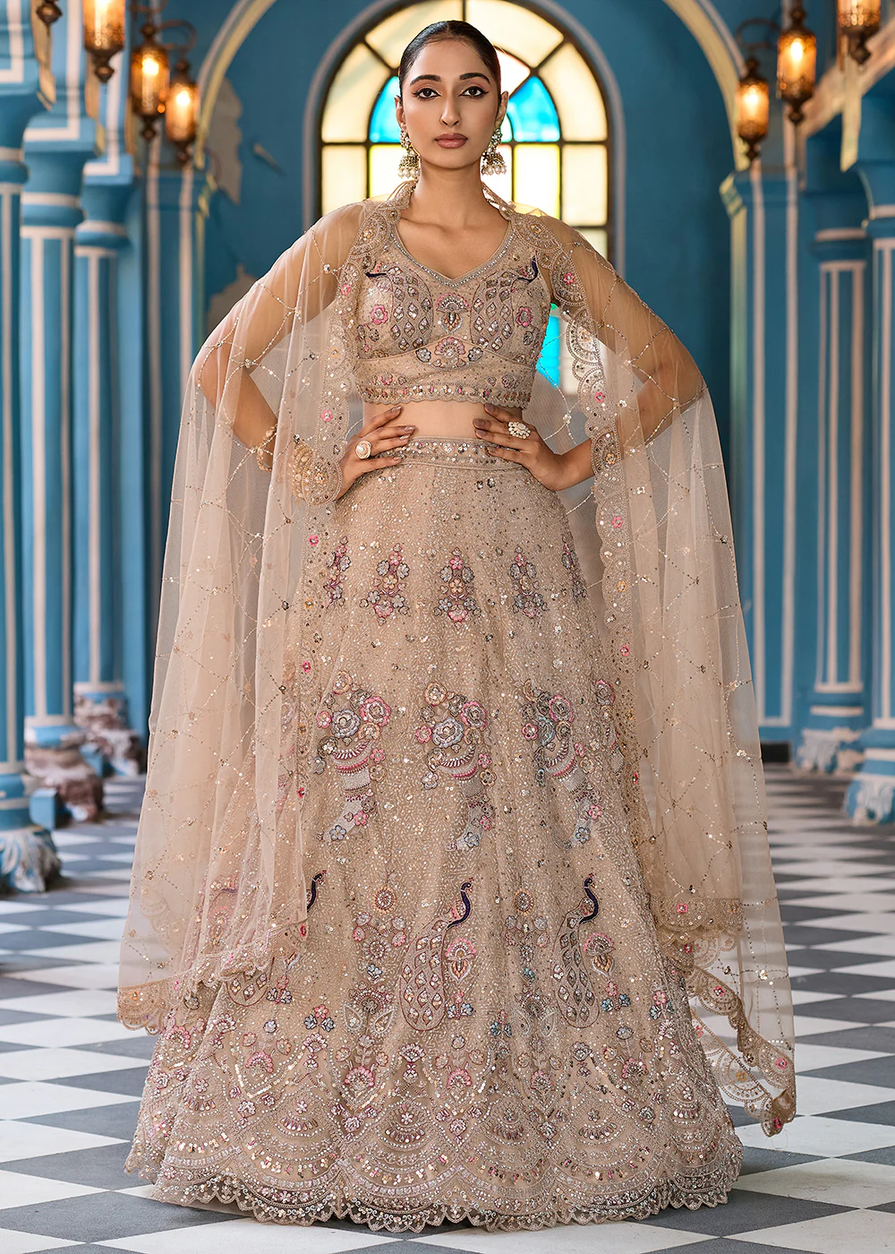 Attractive Beige Net Embroidered Wedding Lehenga Choli