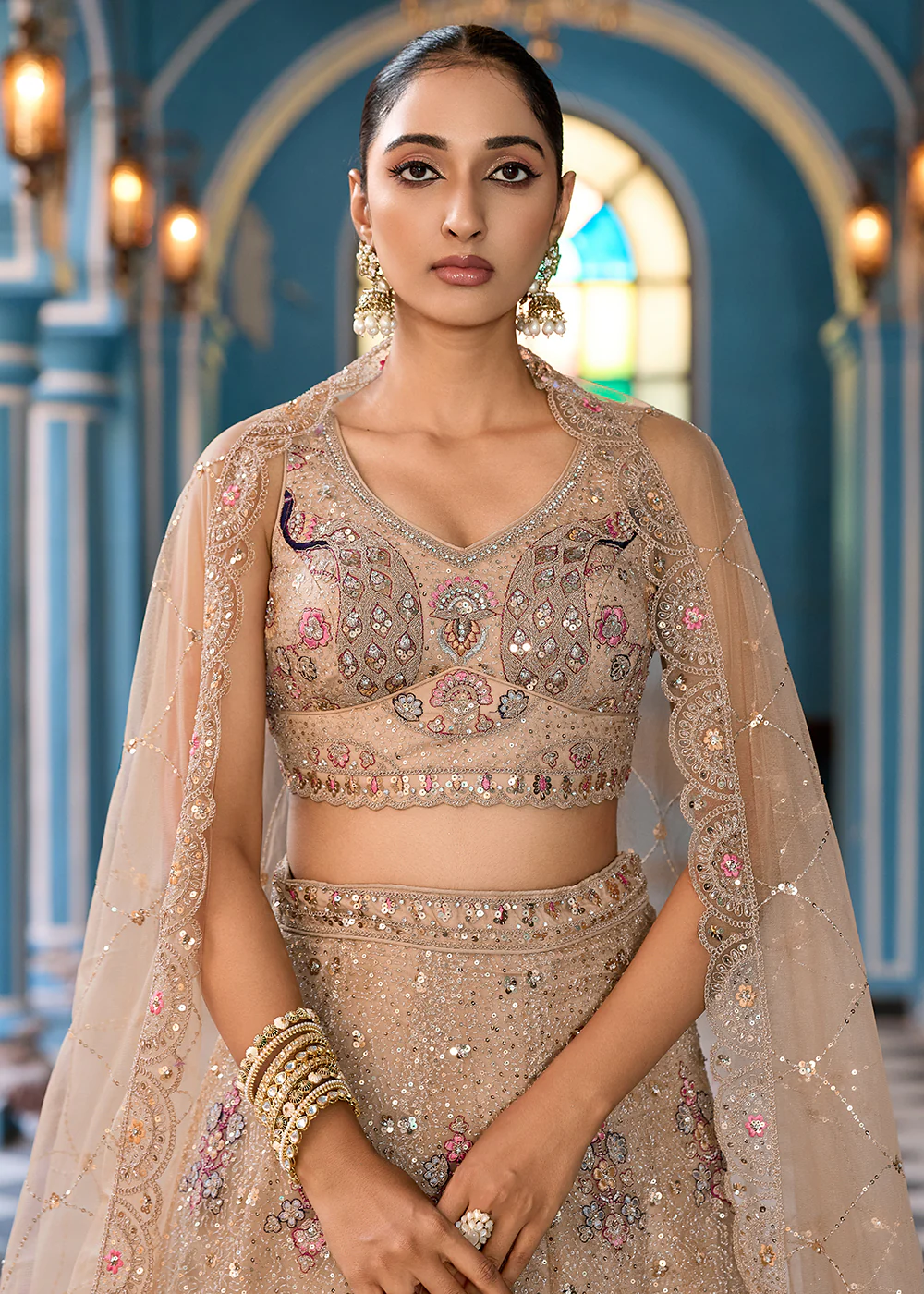 Attractive Beige Net Embroidered Wedding Lehenga Choli - Image 2