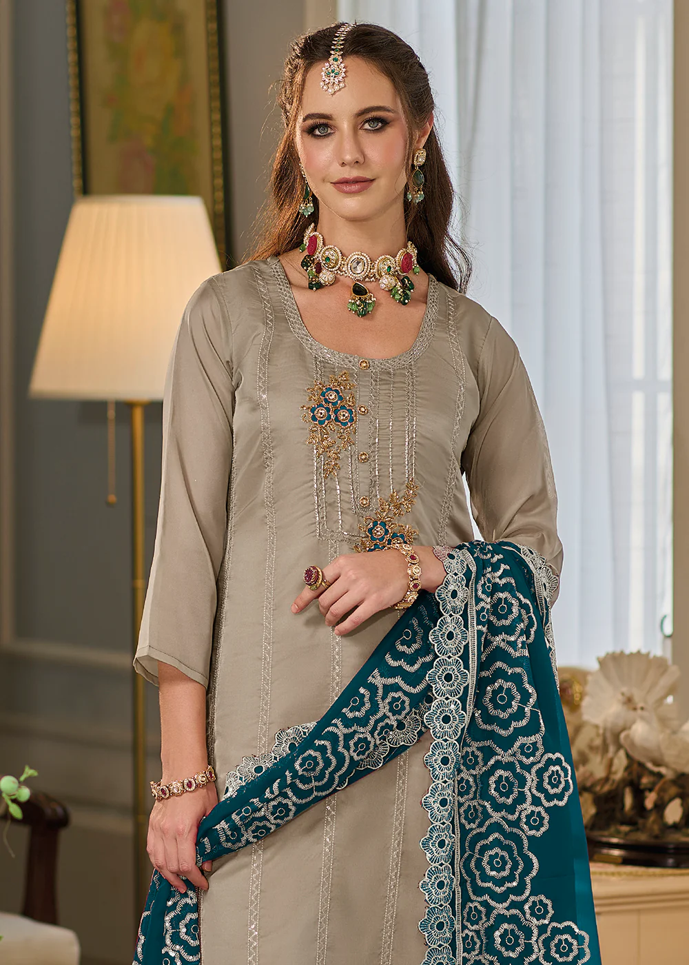 Attractive Beige Soft Organza Embroidered Eid Wear Salwar Suit - Image 4