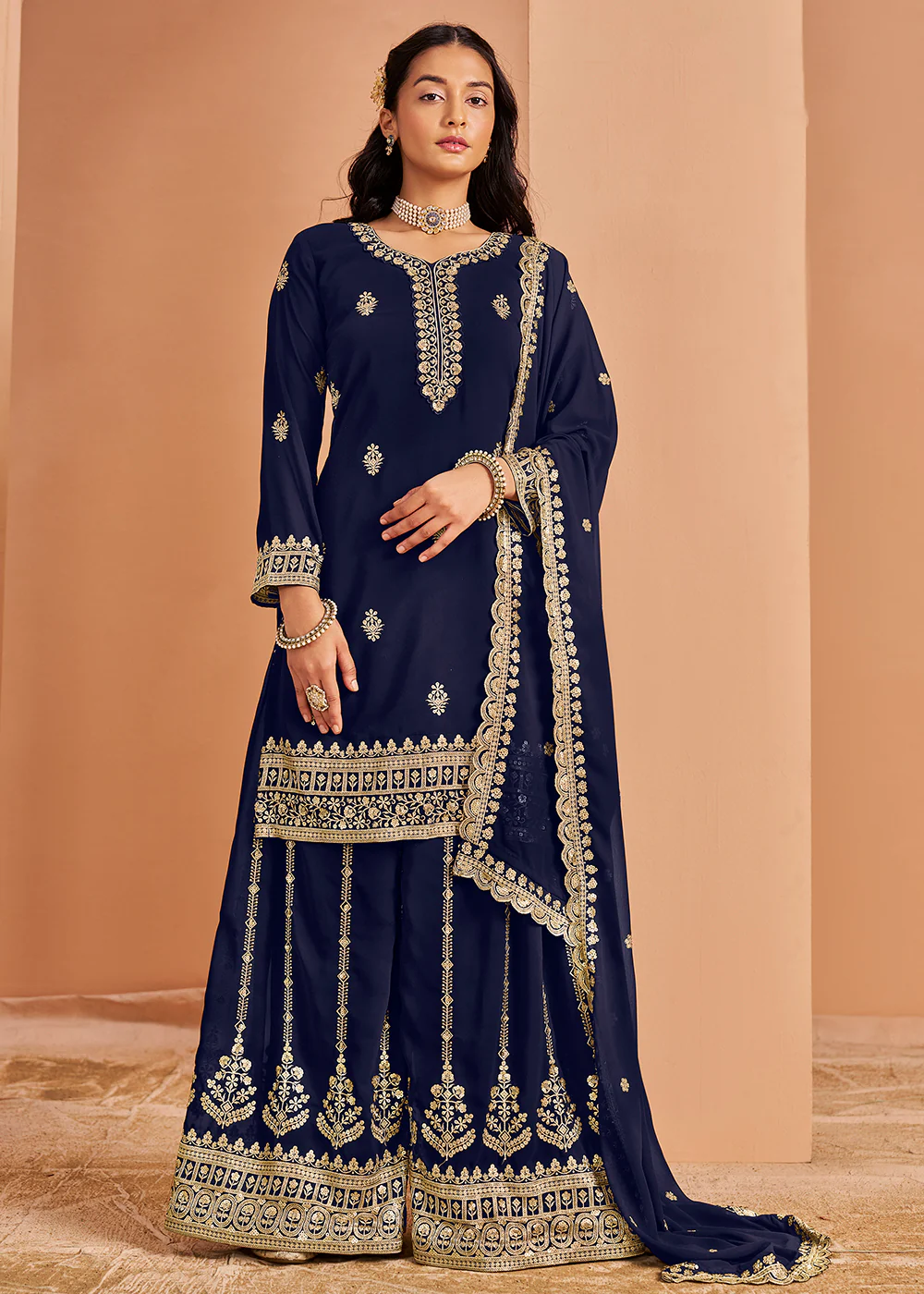 Attractive Blue Festive Style Embroidered Palazzo Suit