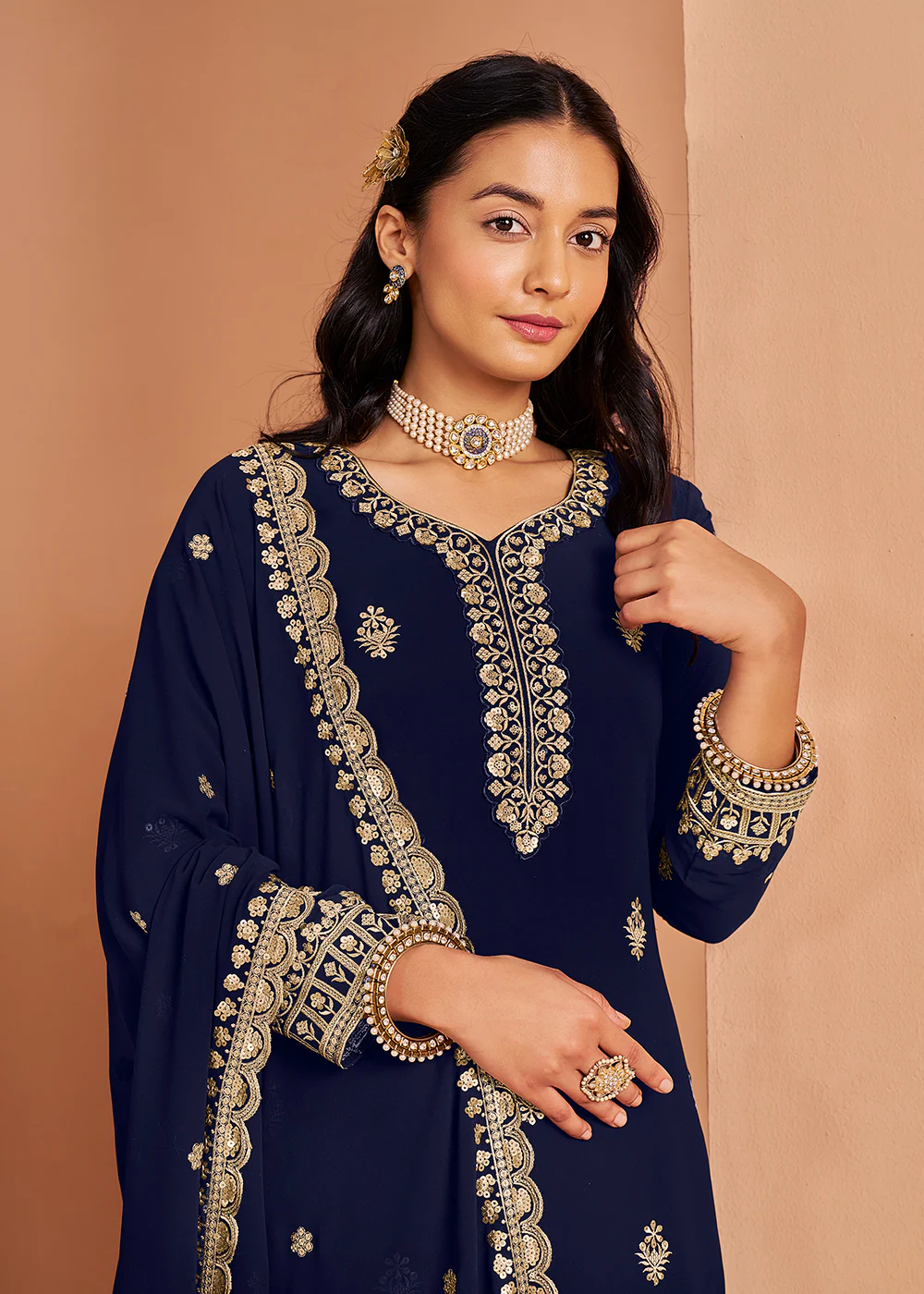 Attractive Blue Festive Style Embroidered Palazzo Suit - Image 2