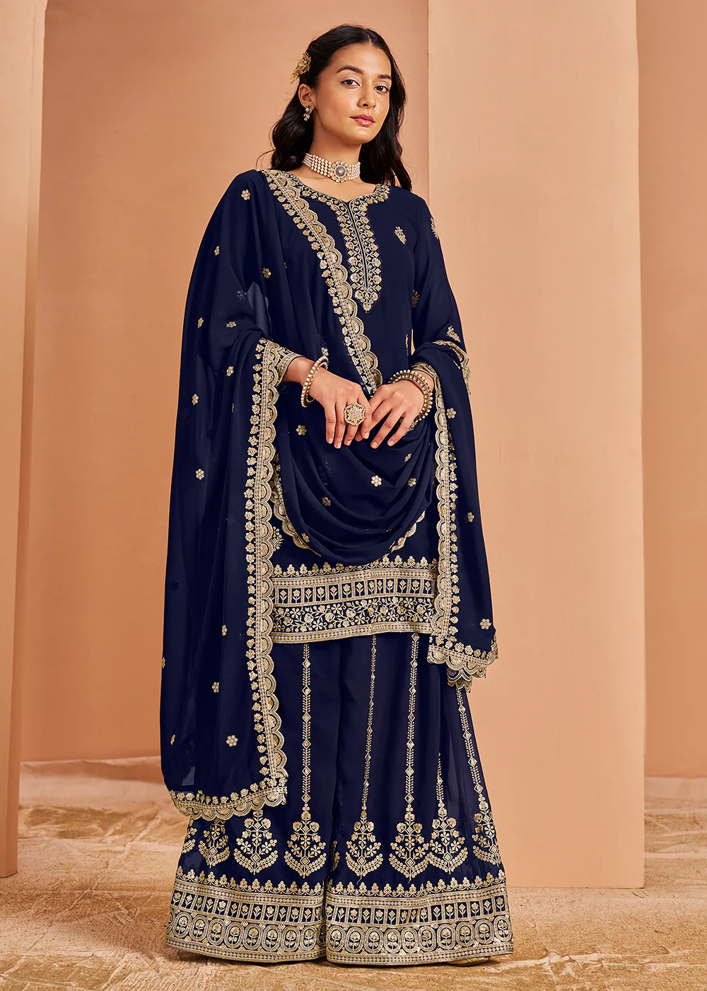 Attractive Blue Festive Style Embroidered Palazzo Suit - Image 3