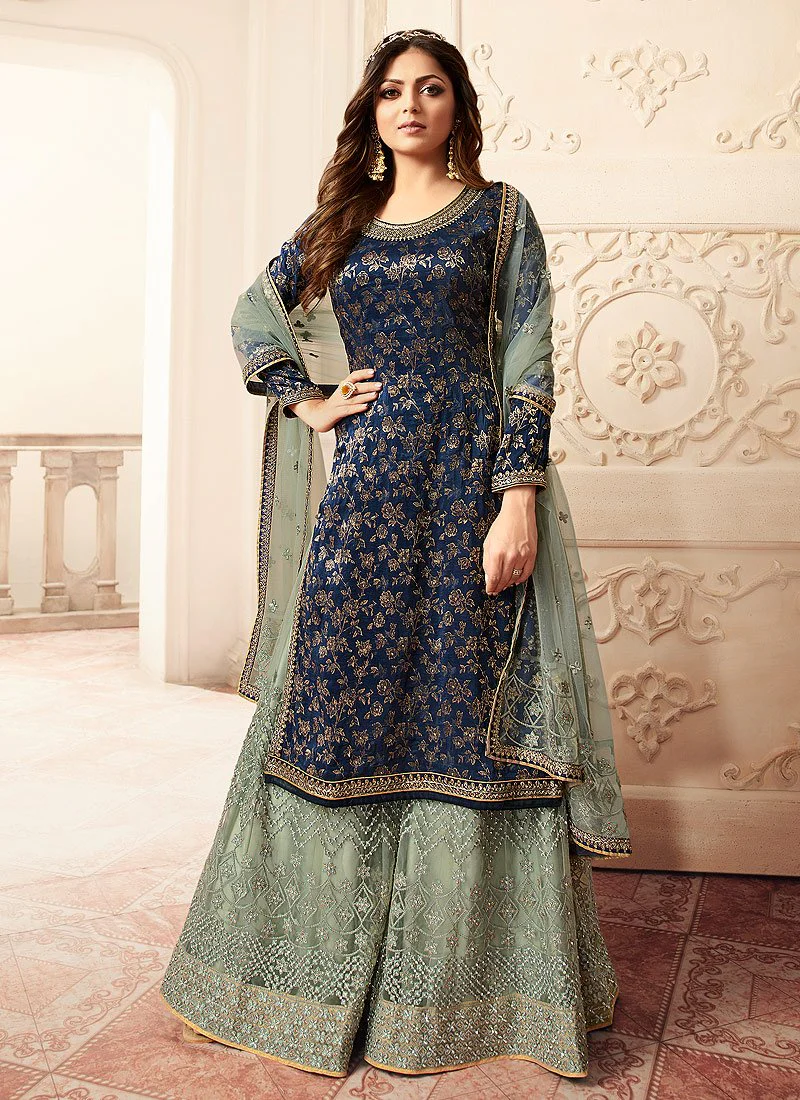 Attractive Blue Embroidered Designer Jacquard Sharara Suit