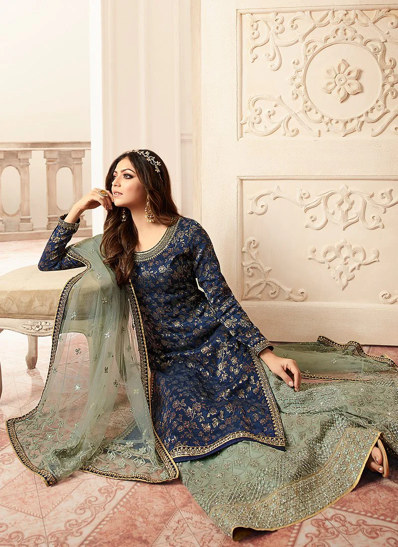 Attractive Blue Embroidered Designer Jacquard Sharara Suit - Image 3
