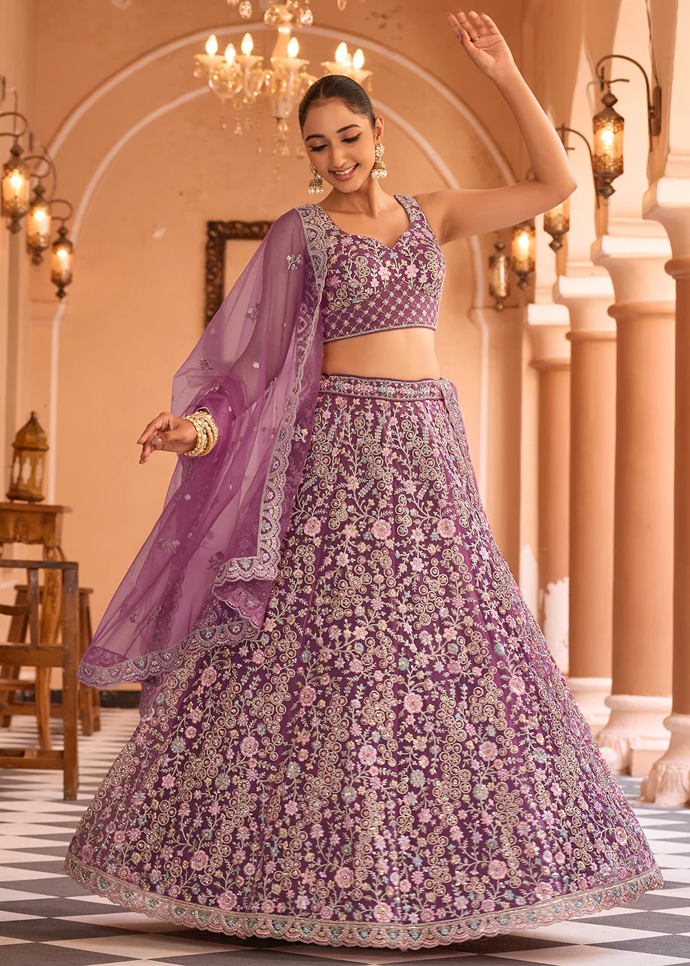 Attractive Burgundy Net Embroidered Wedding Lehenga Choli - Image 4