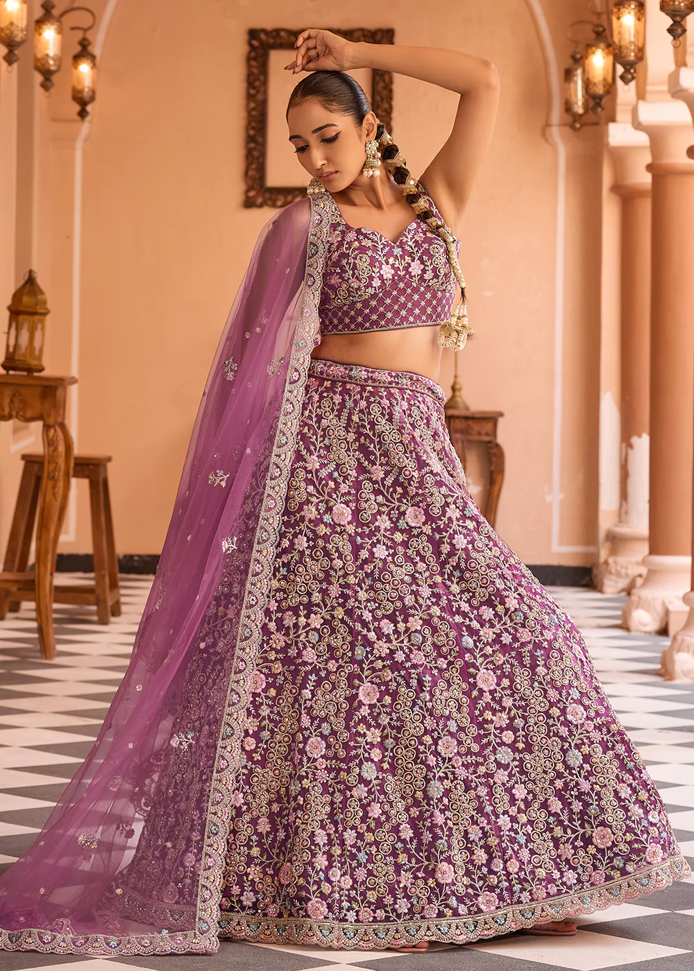 Attractive Burgundy Net Embroidered Wedding Lehenga Choli - Image 5