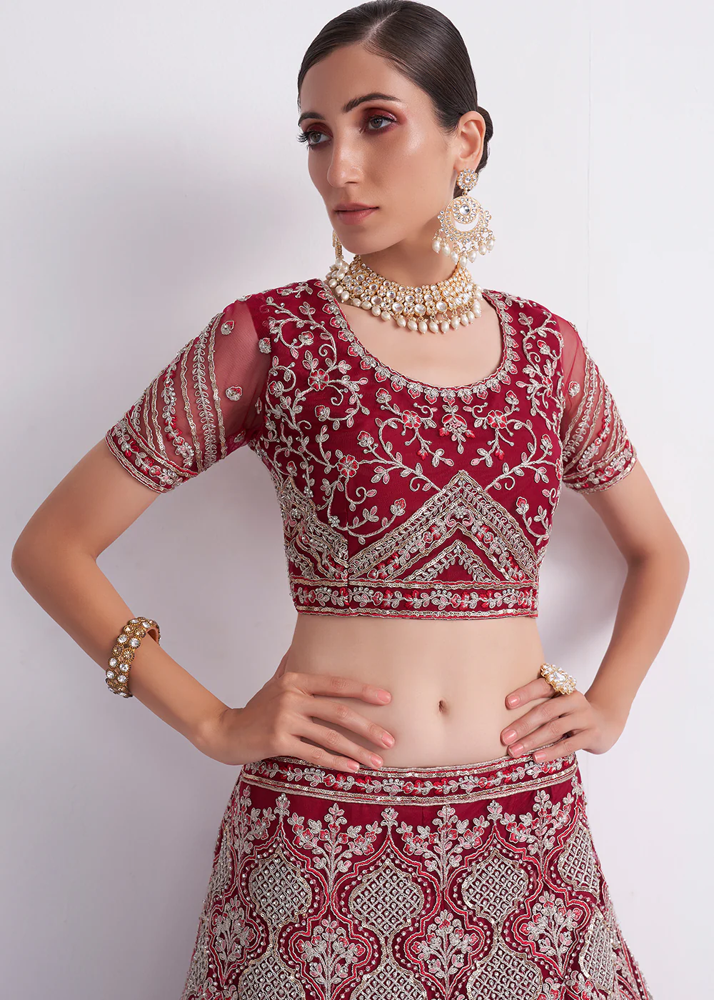Attractive Cherry Red Heavy Embroidered Bridal Lehenga Choli - Image 2