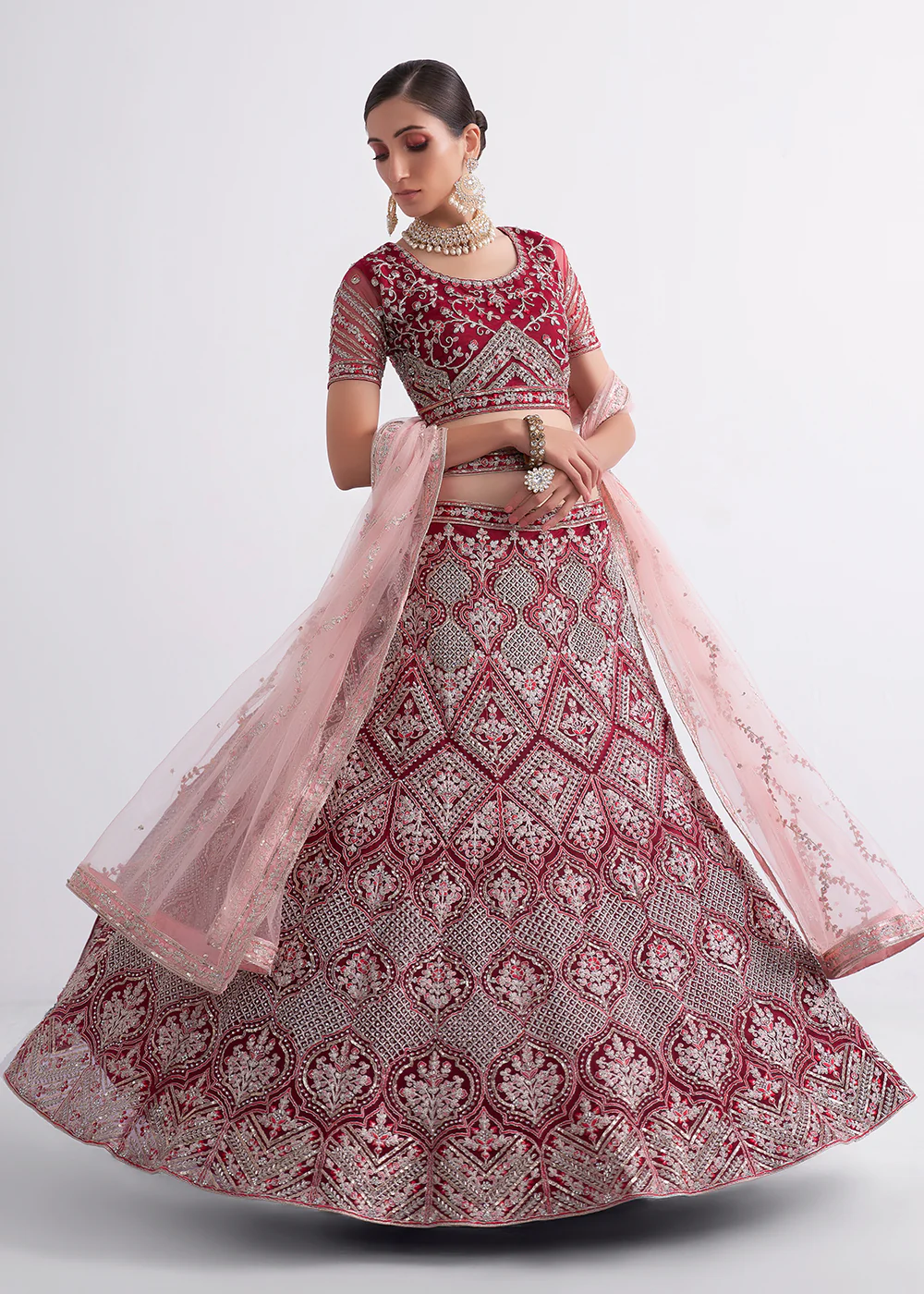 Attractive Cherry Red Heavy Embroidered Bridal Lehenga Choli - Image 4