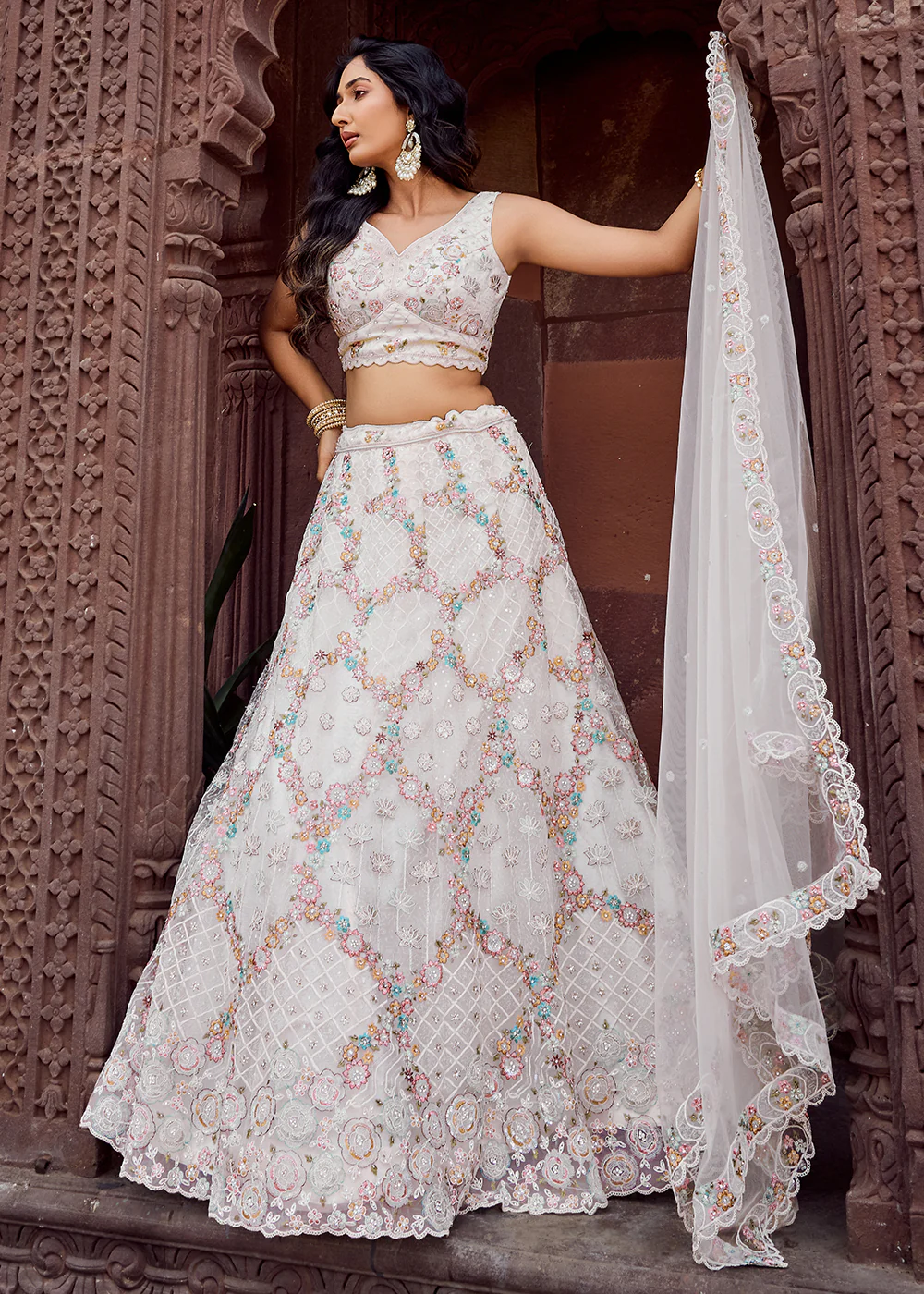 Attractive Cream All Over Embroidered Wedding Lehenga Choli - Image 8