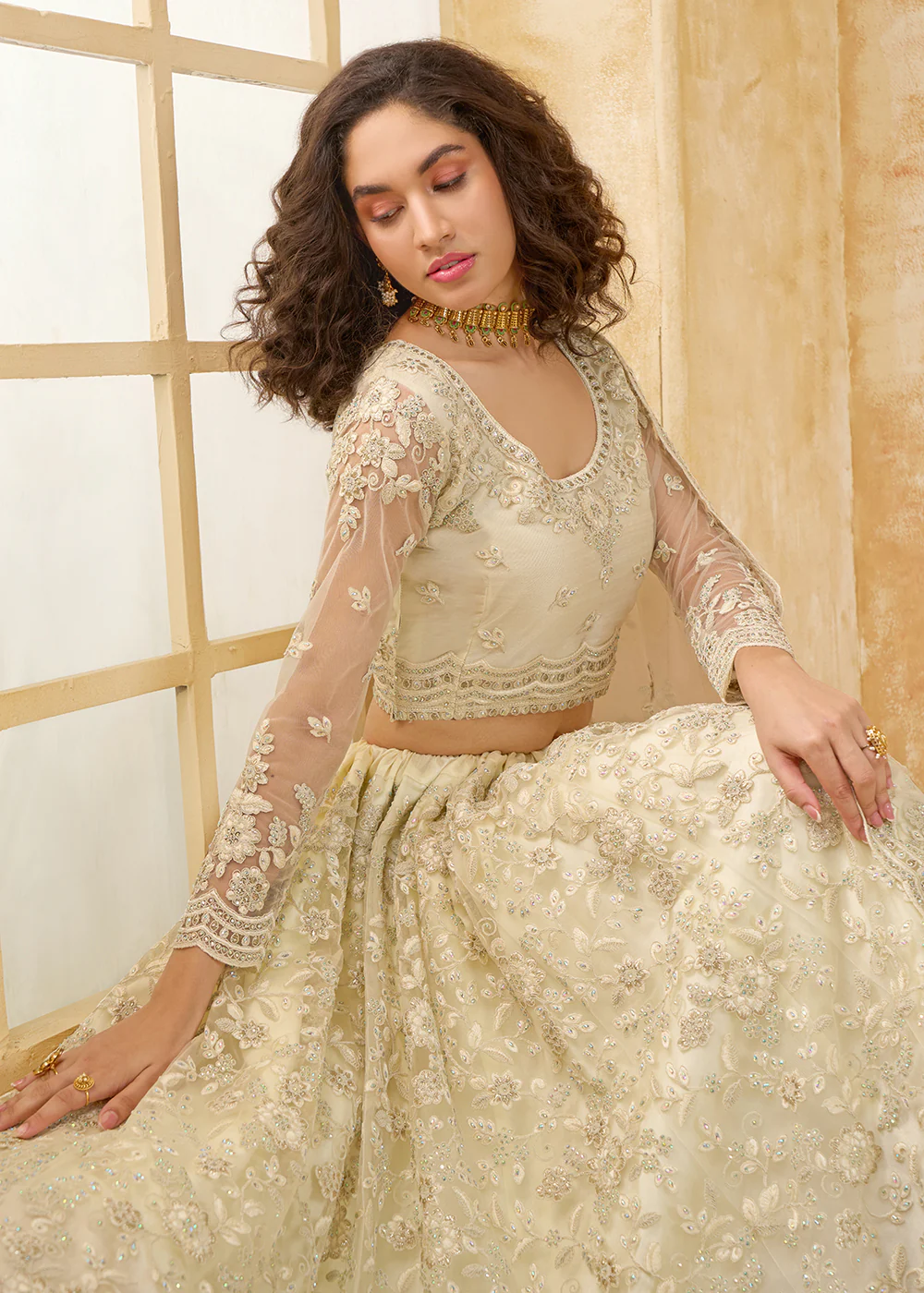 Attractive Cream Heavy Net Embroidered Bridal Lehenga Choli - Image 2
