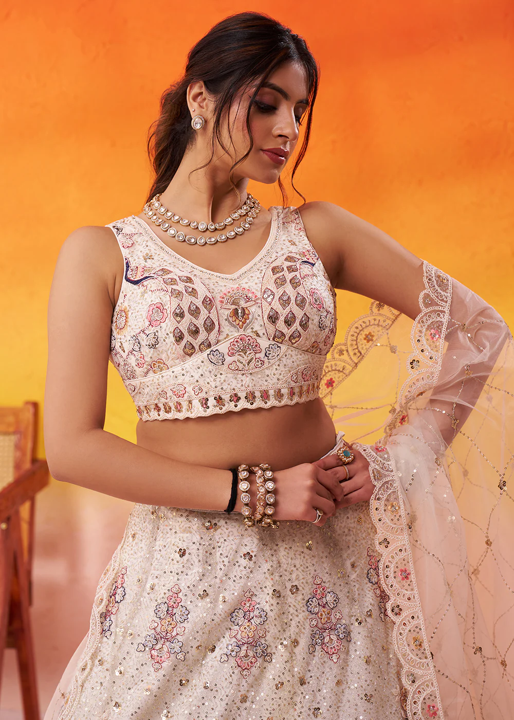 Attractive Cream Net Embroidered Wedding Lehenga Choli - Image 2