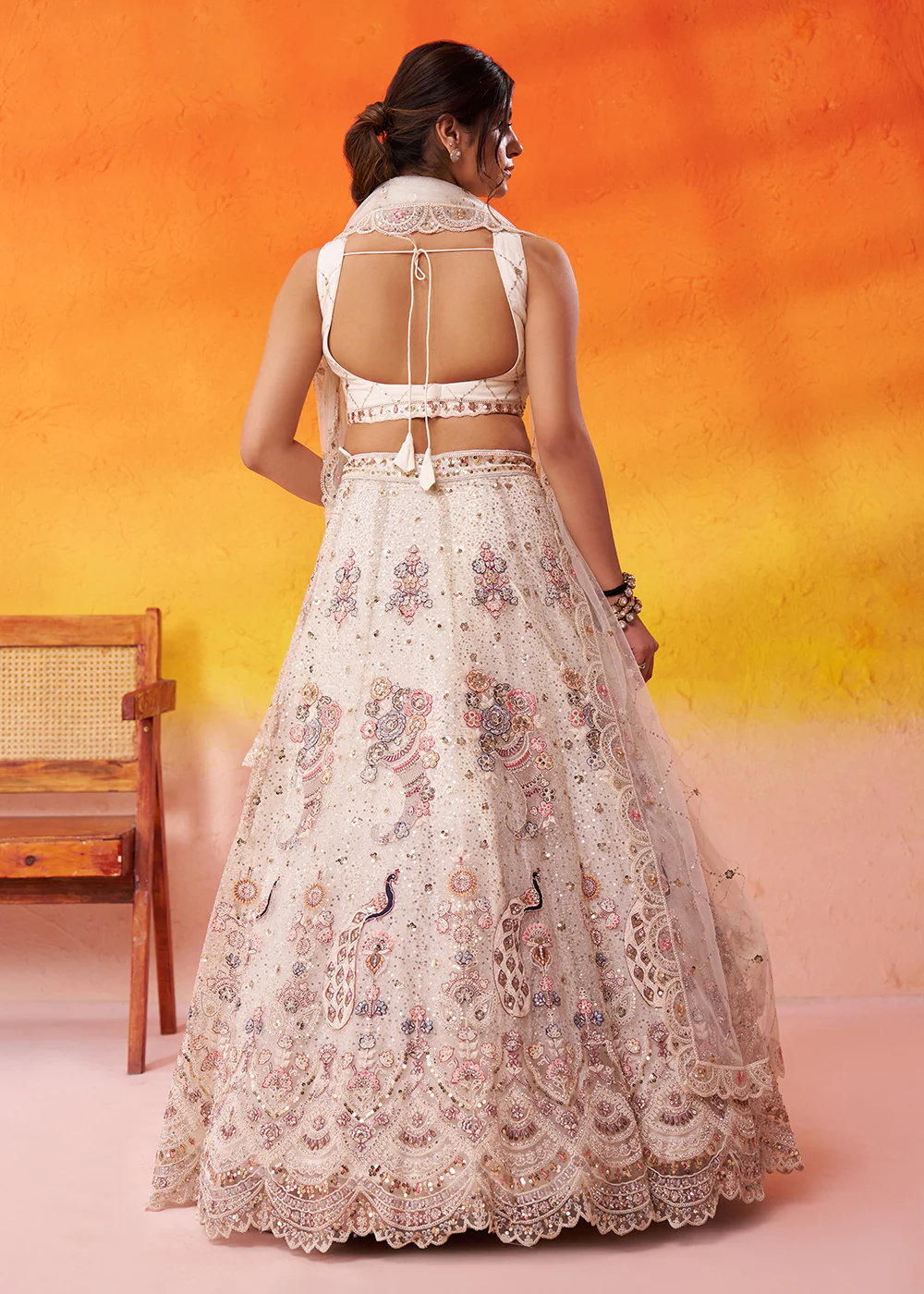 Attractive Cream Net Embroidered Wedding Lehenga Choli - Image 3