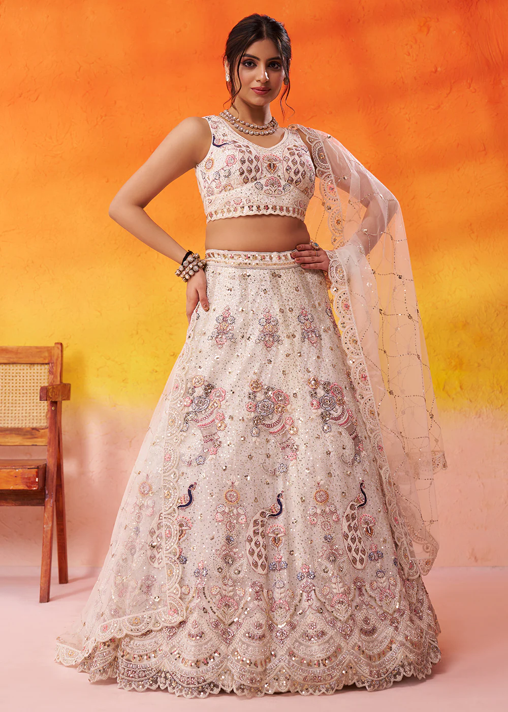 Attractive Cream Net Embroidered Wedding Lehenga Choli - Image 4