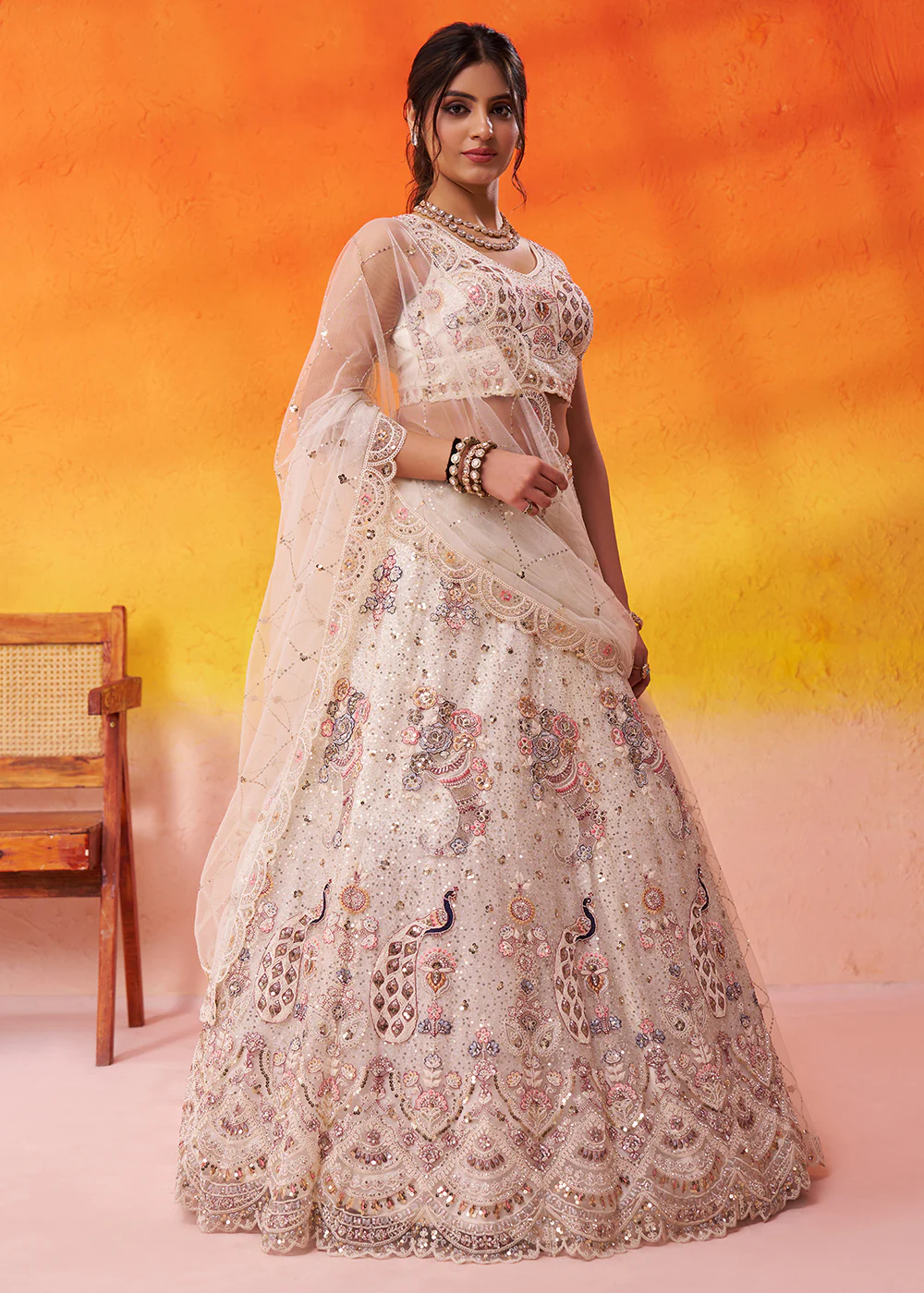 Attractive Cream Net Embroidered Wedding Lehenga Choli - Image 5