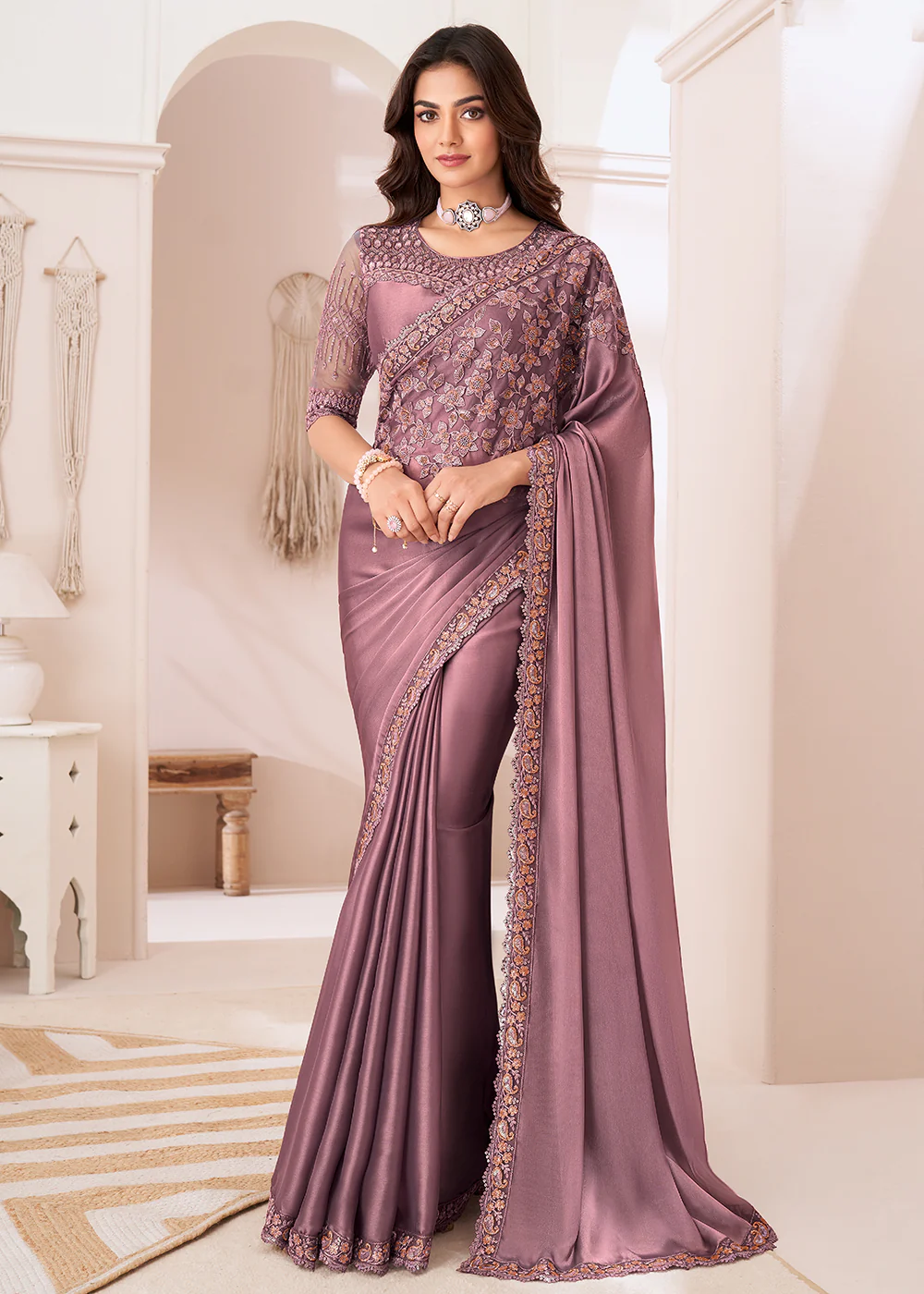 Attractive Dusty Pink Satin Silk Designer Wear Saree
