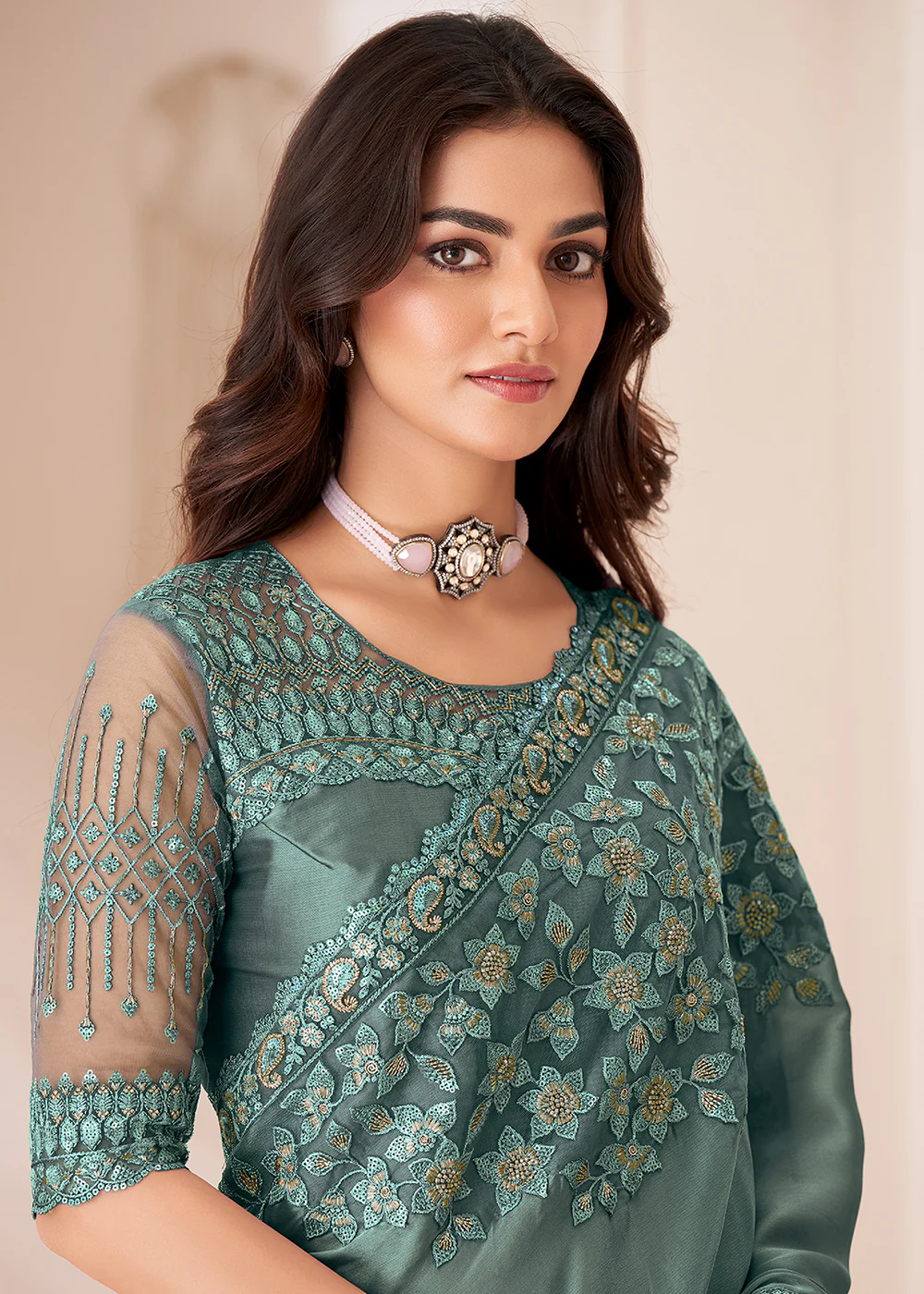 Attractive Dusty Sea Green Satin Silk Designer Wear Saree - Image 2