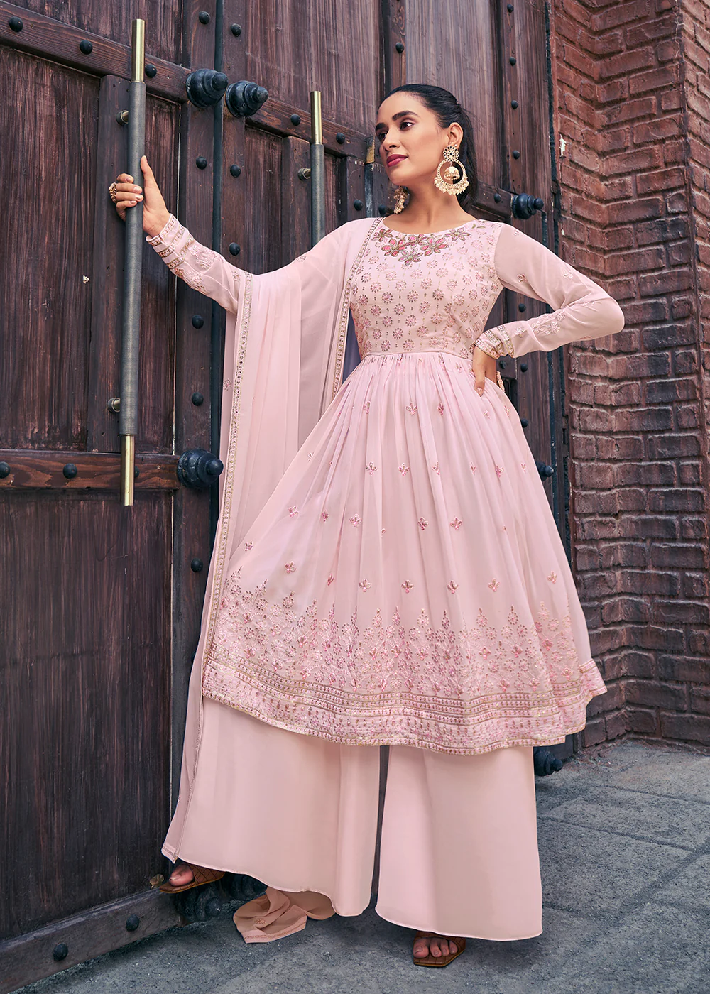 Attractive Georgette Chiku Beige Embroidered Palazzo Salwar Suit - Image 3