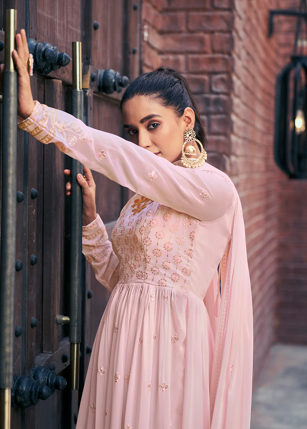 Attractive Georgette Chiku Beige Embroidered Palazzo Salwar Suit - Image 4