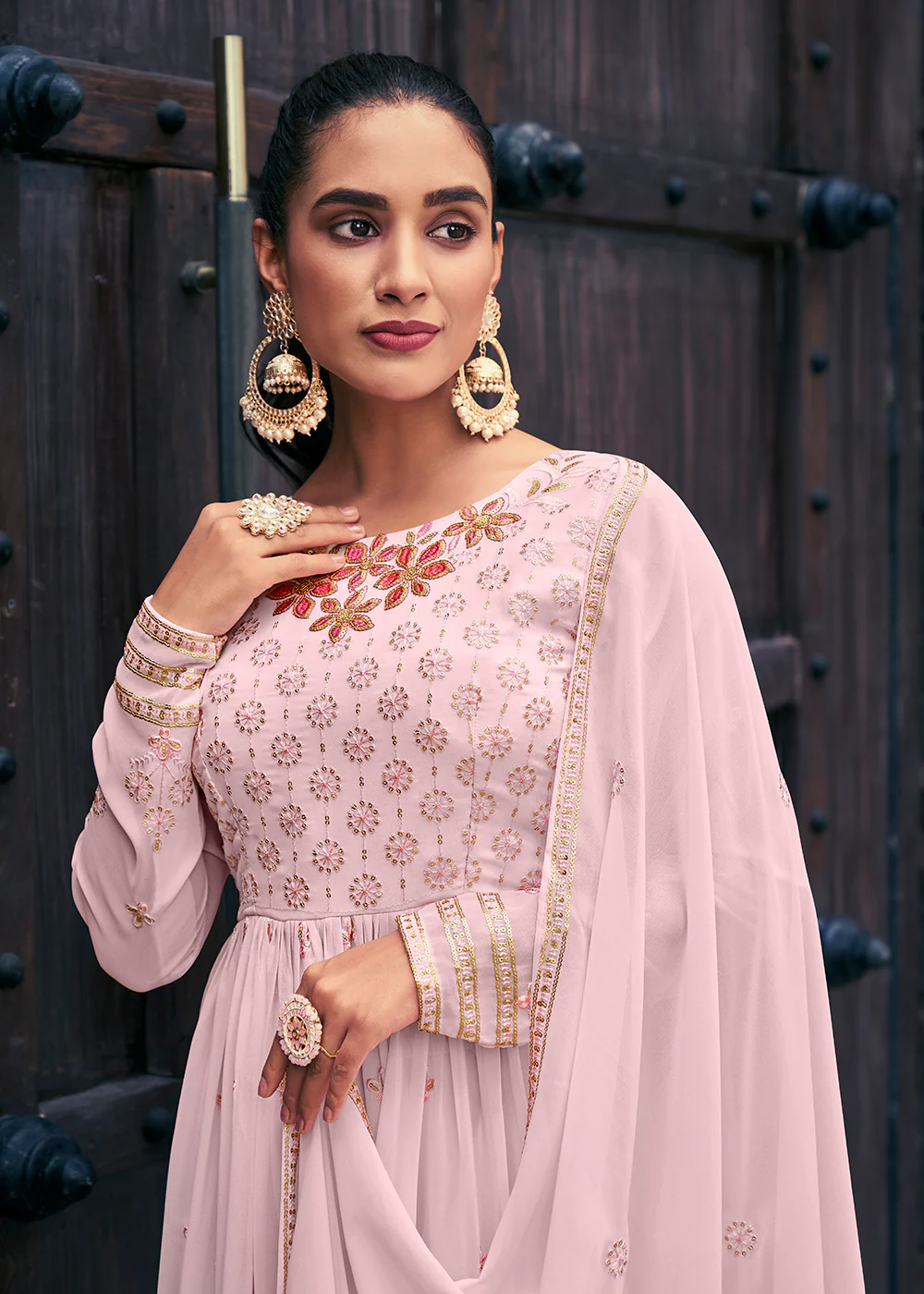 Attractive Georgette Chiku Beige Embroidered Palazzo Salwar Suit - Image 5