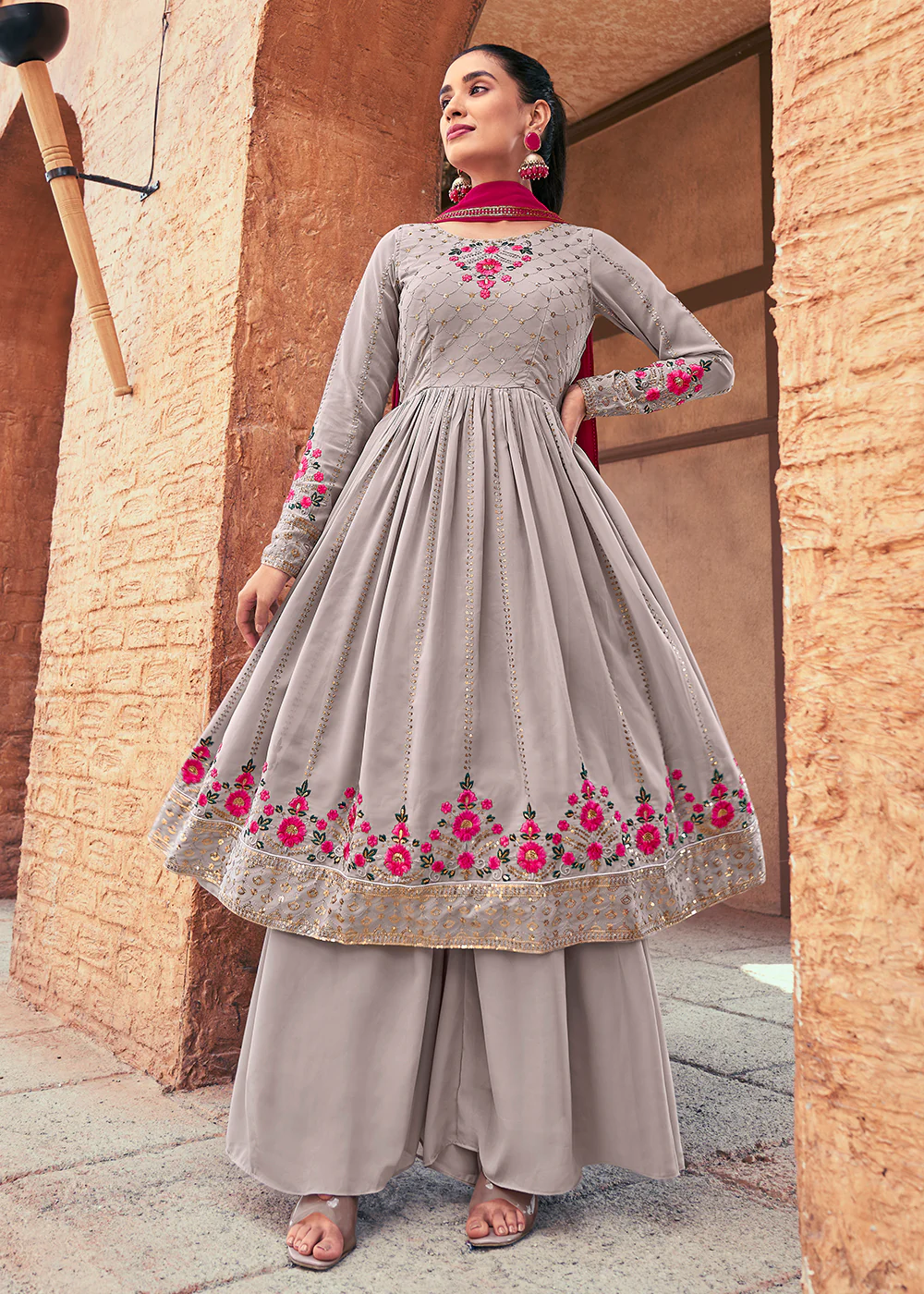 Attractive Georgette Grey Embroidered Palazzo Salwar Suit