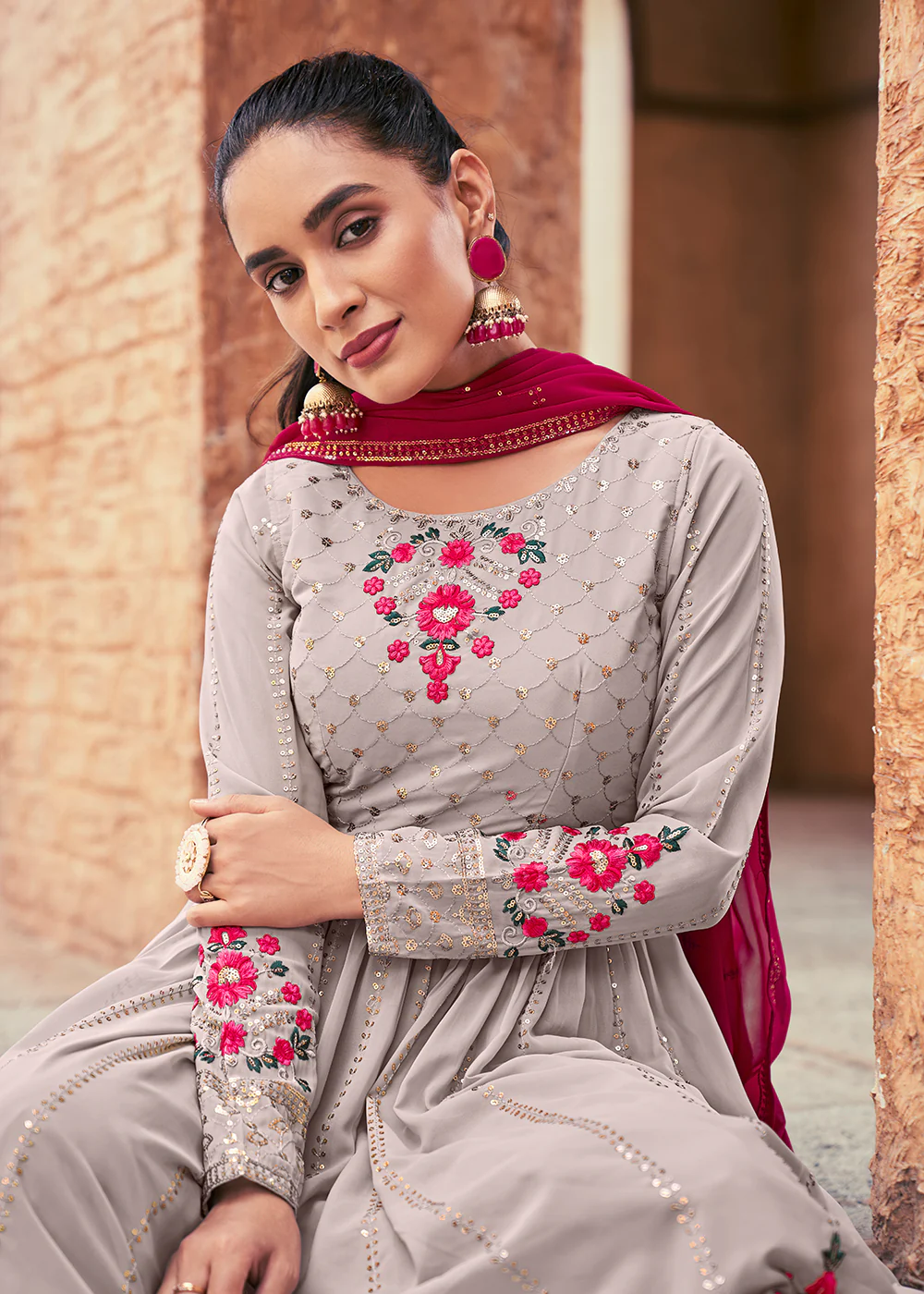 Attractive Georgette Grey Embroidered Palazzo Salwar Suit - Image 2