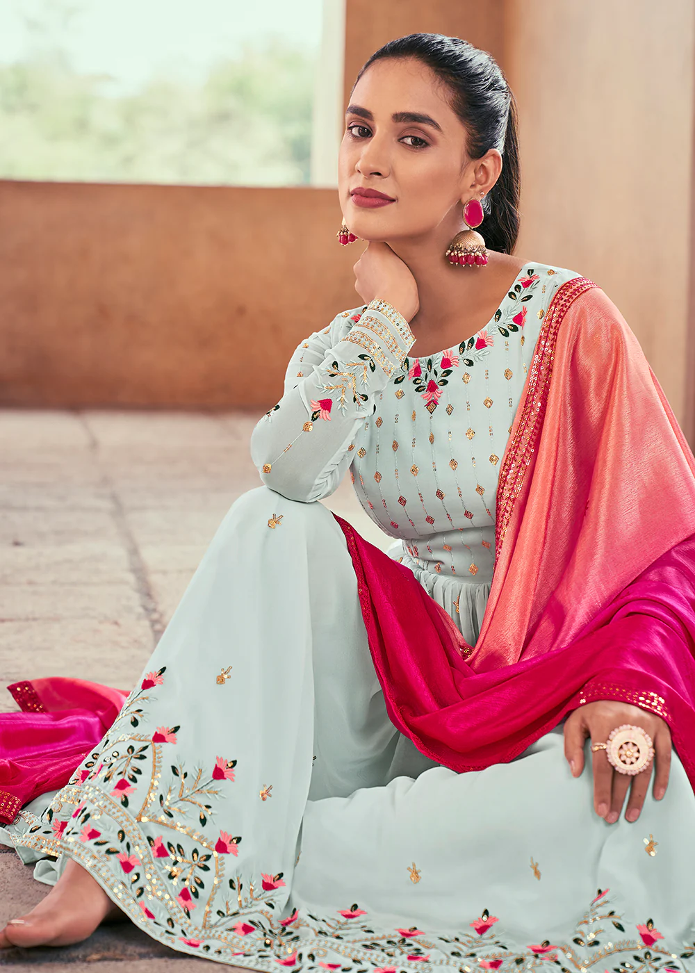 Attractive Georgette Sky Blue Embroidered Palazzo Salwar Suit - Image 2