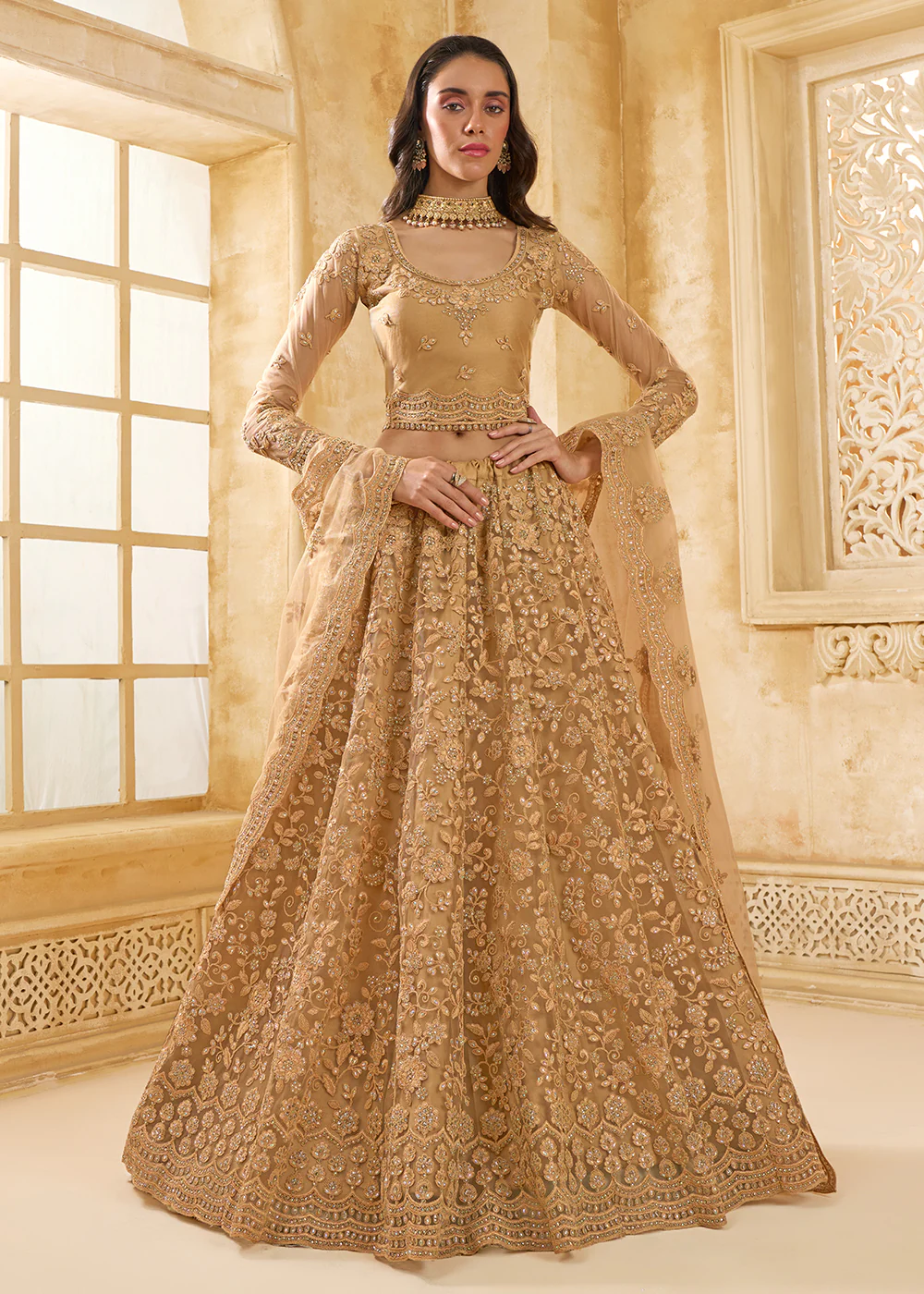 Attractive Golden Heavy Net Embroidered Bridal Lehenga Choli