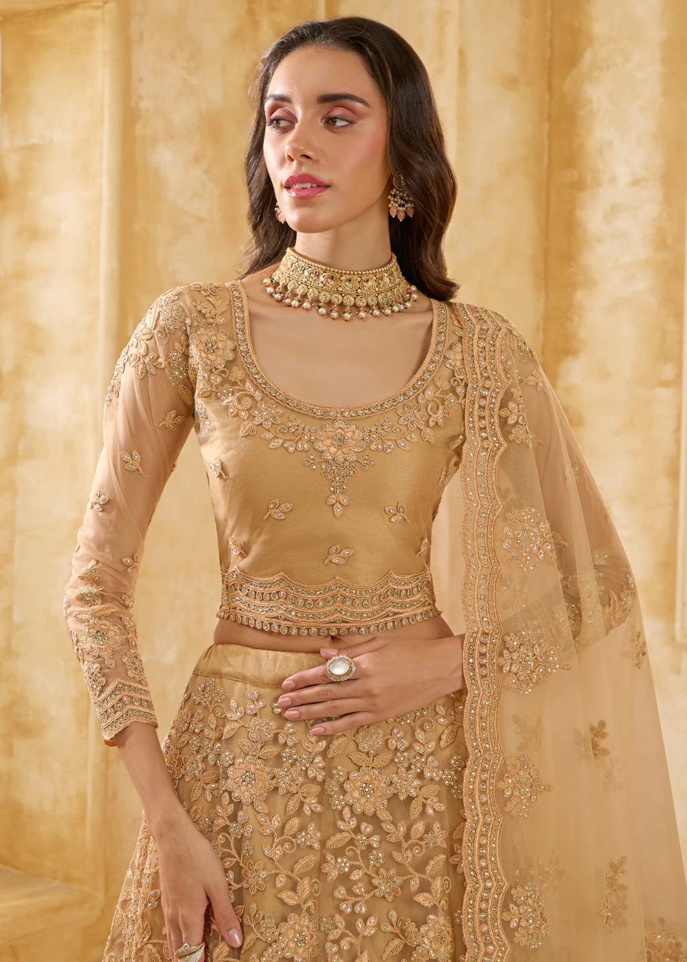 Attractive Golden Heavy Net Embroidered Bridal Lehenga Choli - Image 2