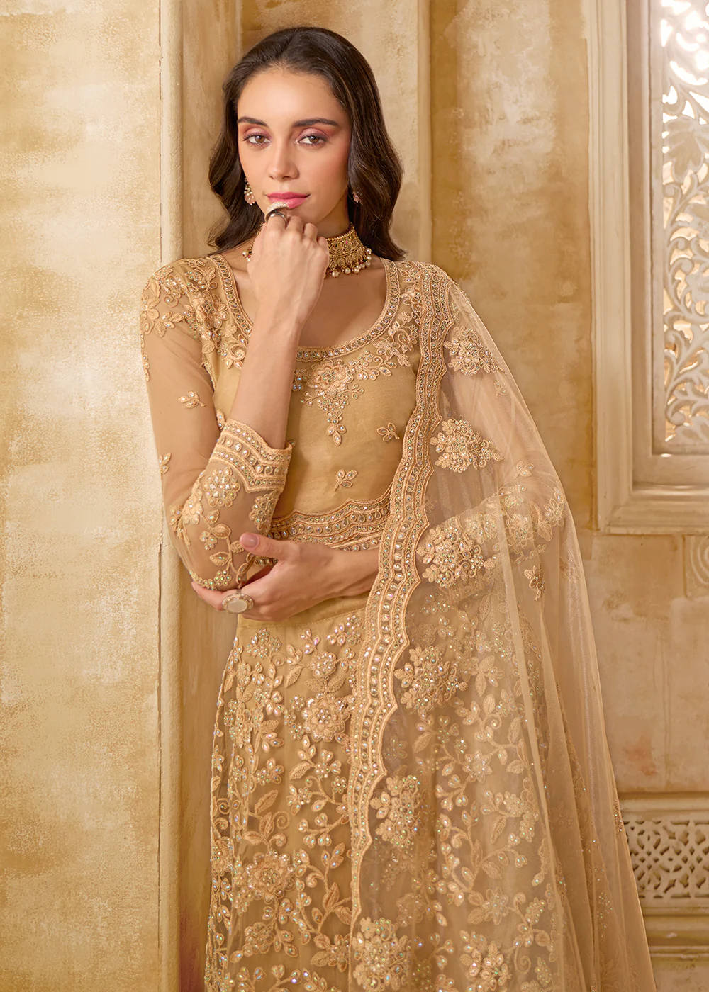 Attractive Golden Heavy Net Embroidered Bridal Lehenga Choli - Image 4