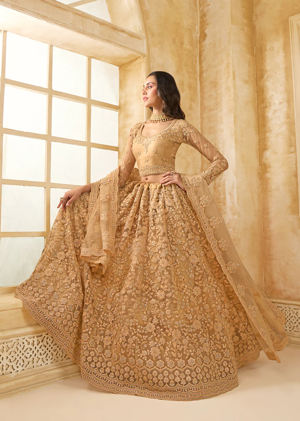 Attractive Golden Heavy Net Embroidered Bridal Lehenga Choli - Image 5