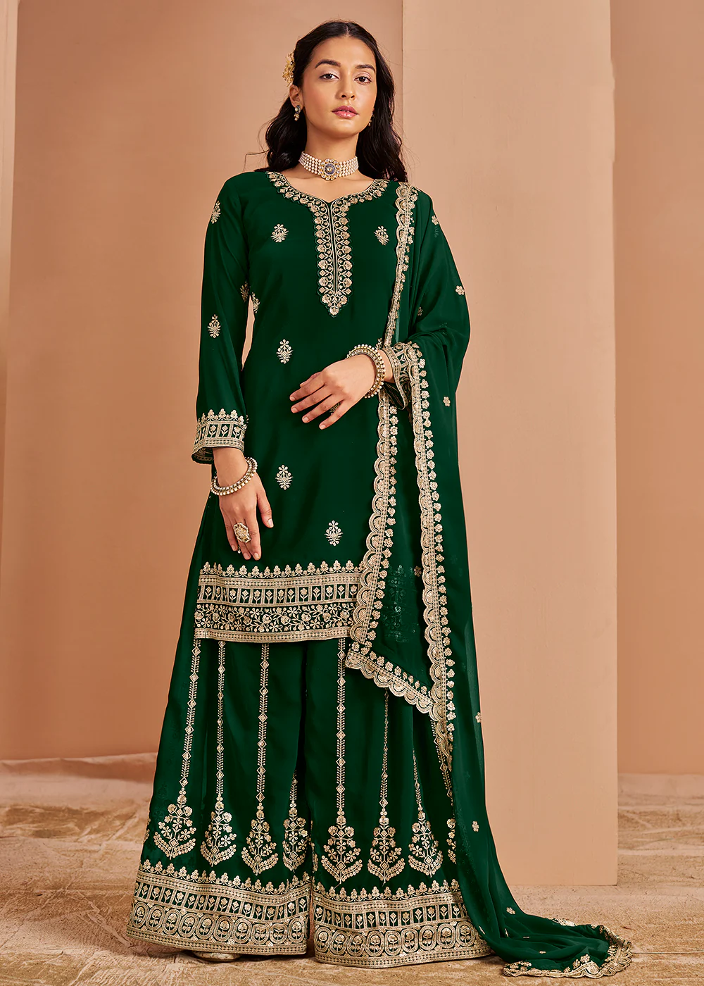 Attractive Green Festive Style Embroidered Palazzo Suit